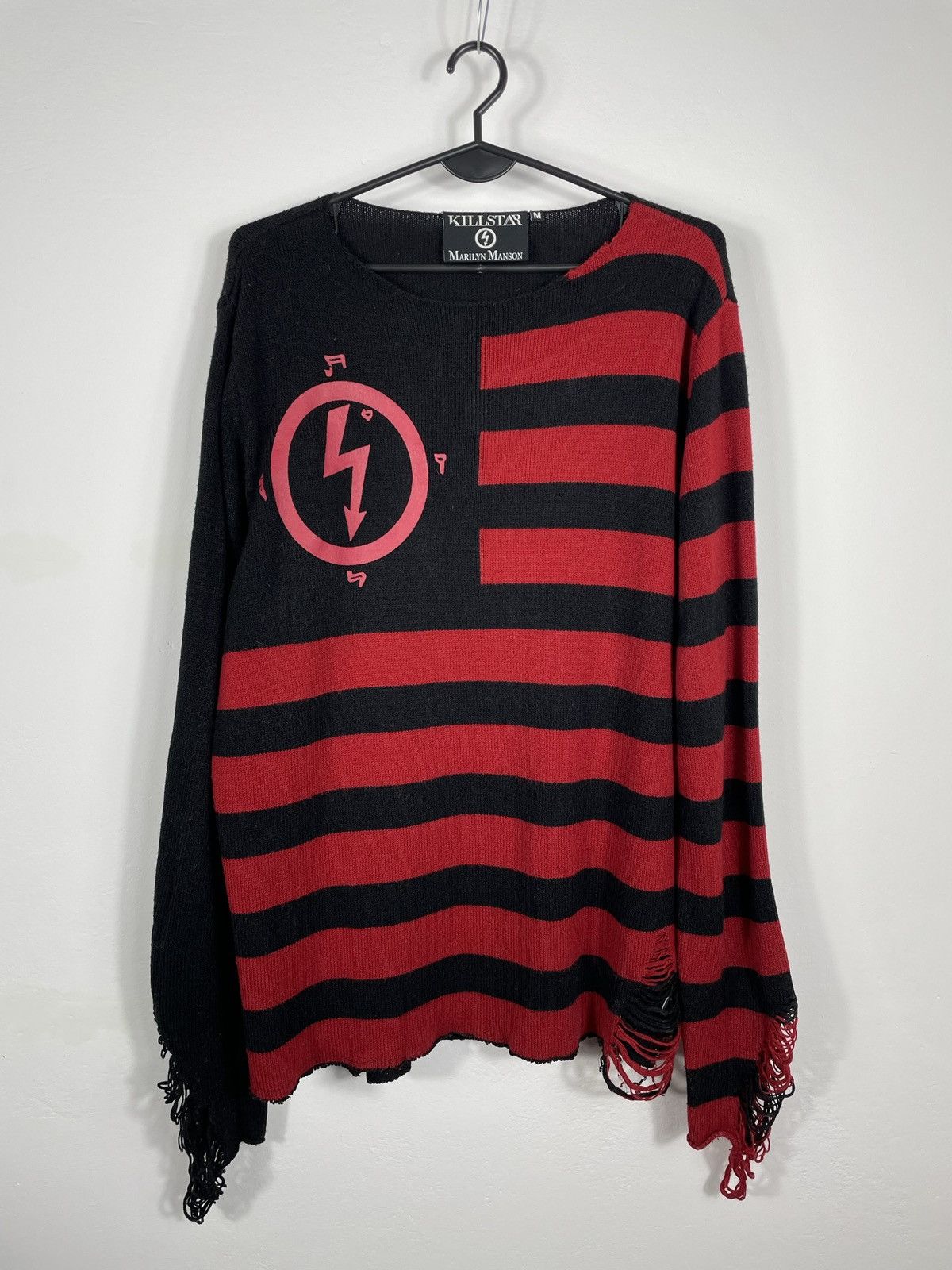image of Band Tees x Killstar Marlyn Manson Killstar Striped Sweater Fabric Distressed in Black Red (Size Me