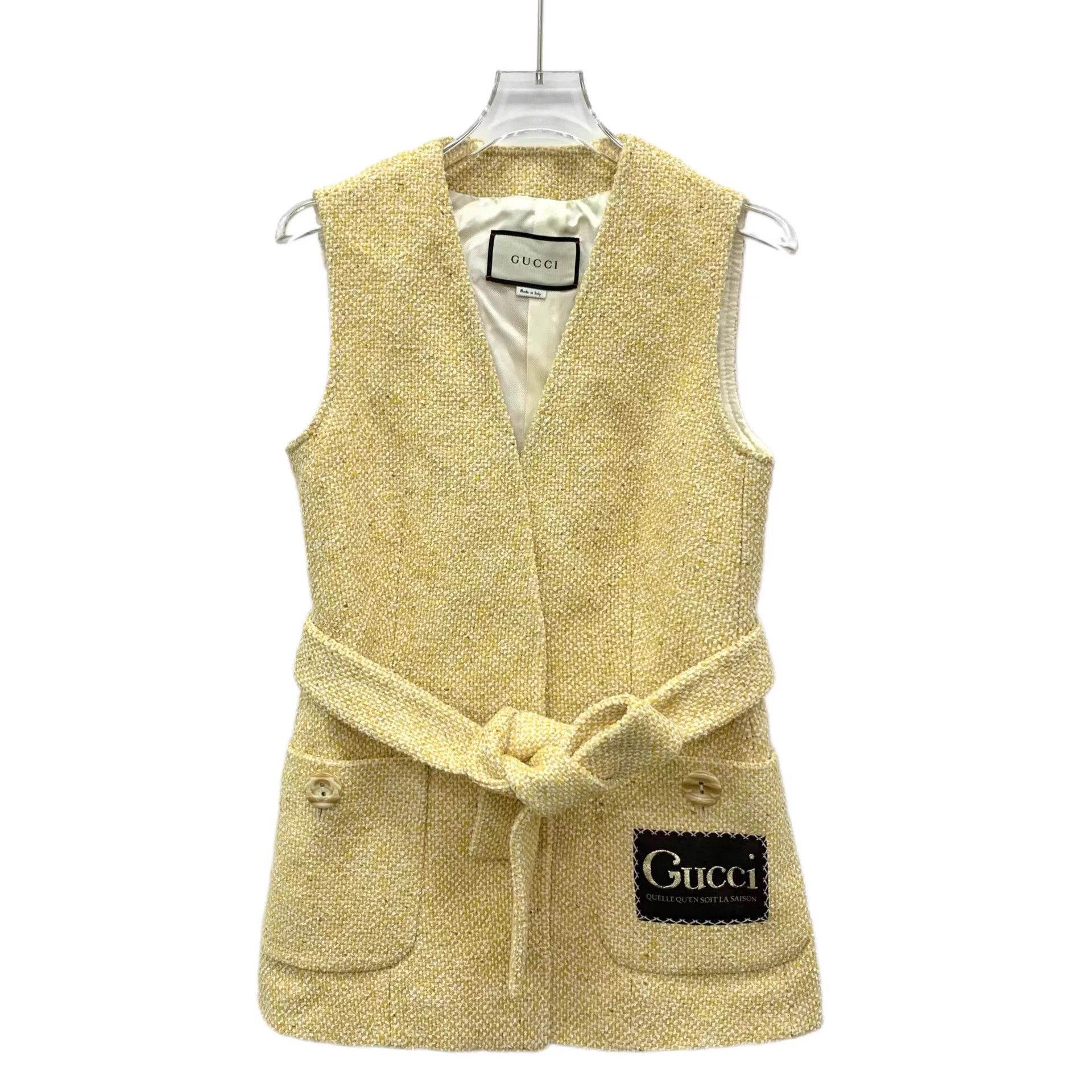 Gucci KW0841 Gucci Yellow Wool Tweed Sleeveless Vest with Belt Size XS / US 0-2 / IT 36-38 - 1 Thumbnail