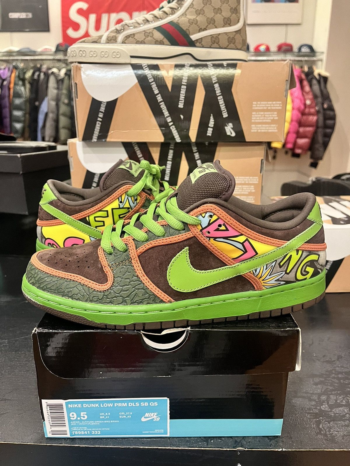 image of Nike Dunk Low Prm Dls Sb Qs Shoes in Green/Brown, Men's (Size 9.5)
