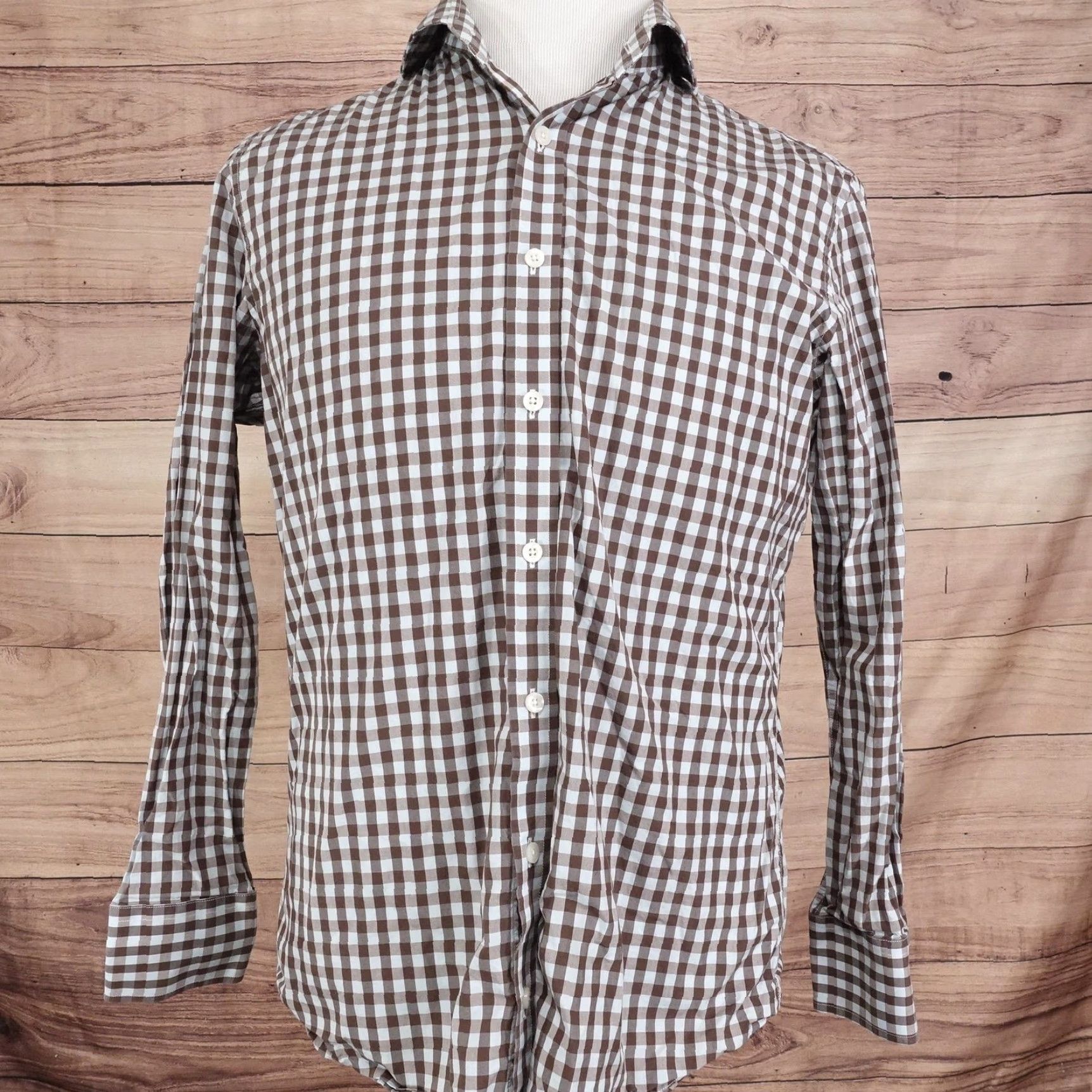 Vintage Twillory Dress Shirt Mens 16 32/33 Brown Gingham Slim Fit Long Sleeve Tailored Size 42R - 3 Thumbnail