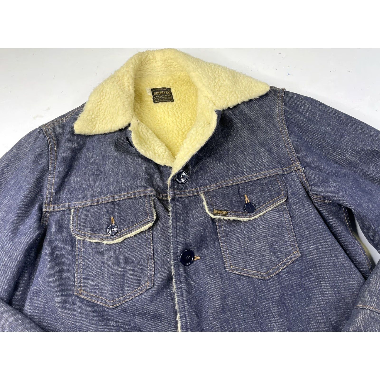 Sears VINTAGE ROEBUCKS Sears Denim Shearling Jacket Chore Coat Sherpa Lined 40 Tall Jeans Cotton Blue Men 80s 90s Western Cowboy Workwear Jacket Size US XXS / EU 40 - 4 Thumbnail