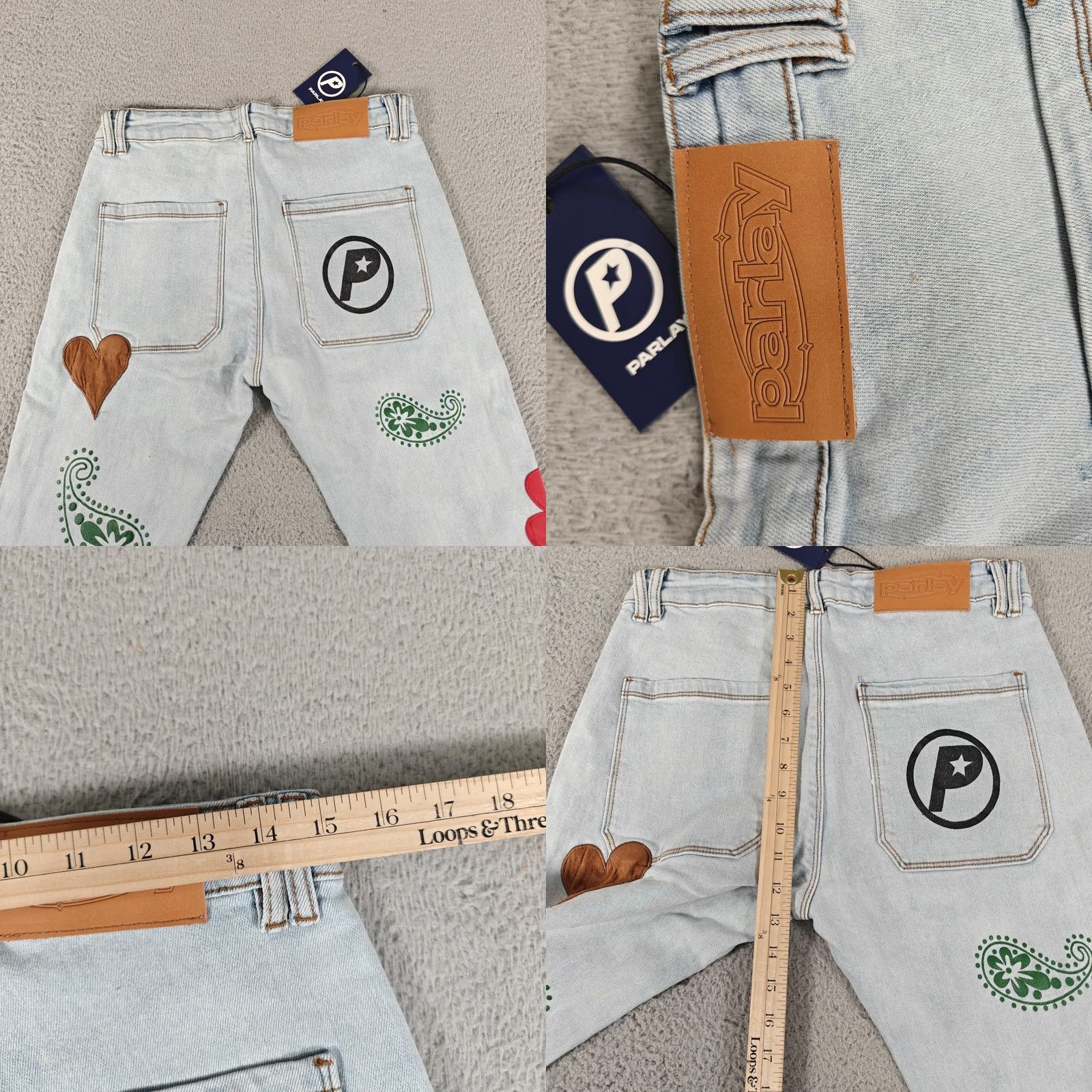 Denime Parlay Jeans Mens 32 Blue Denim Straight Paisley Patchwork Graphics Ankle Zip Size US 32 / EU 48 - 9 Thumbnail