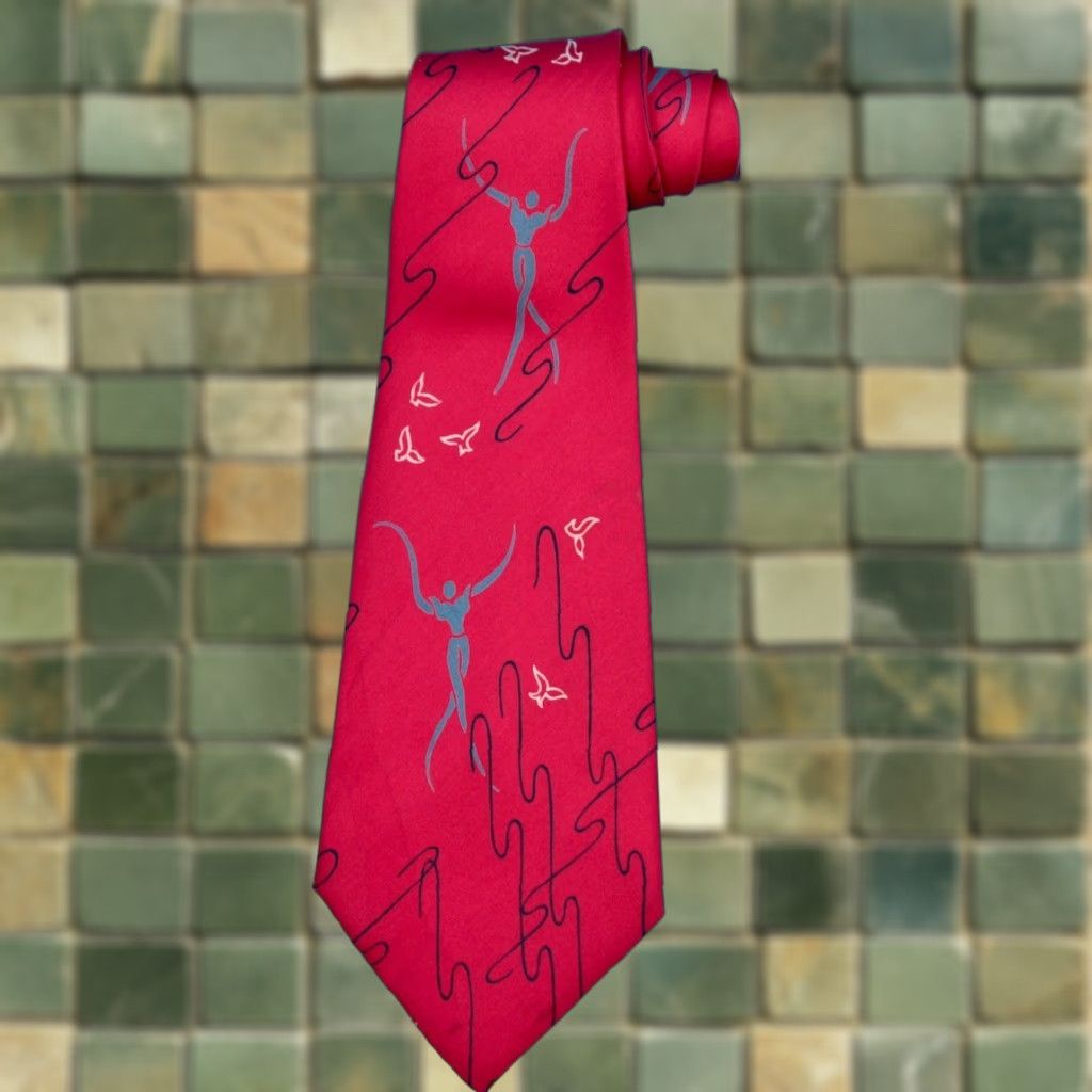 Vintage VTG E&W 1940s Red Necktie Silk Tie / Abstract Human Figures / 54.5" L 4.5" W / Original / Men Size ONE SIZE - 1 Thumbnail