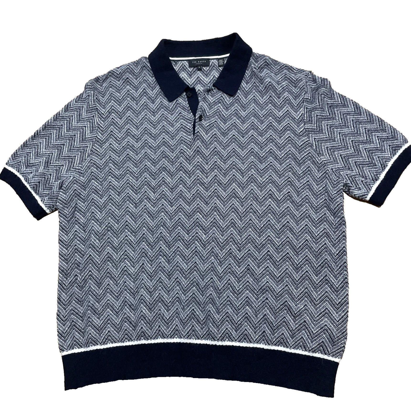 Ted Baker Ted Baker London Men 6 Waldun Navy Cream Zig Zag Stitch Polo Shirt Short Sleeve Geometric Pattern Polo Shirt Mens XS-XL Corporate Casual Dressy Size US S / EU 44-46 / 1 - 2 Thumbnail
