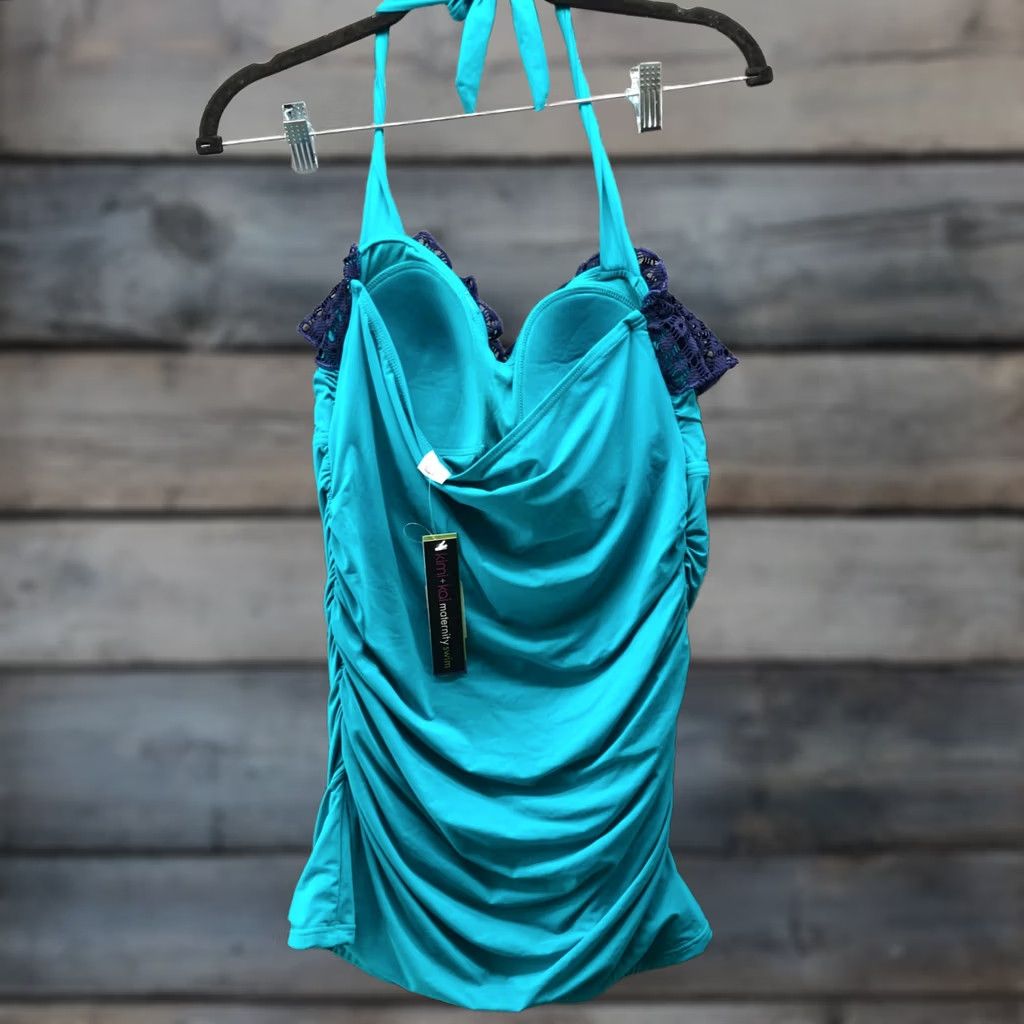 Vintage Top Womens M Blue NWT Kimi and Kai Maternity Tankini Halter Padded Ruffle Ruched Size M / US 6-8 / IT 42-44 - 1 Thumbnail
