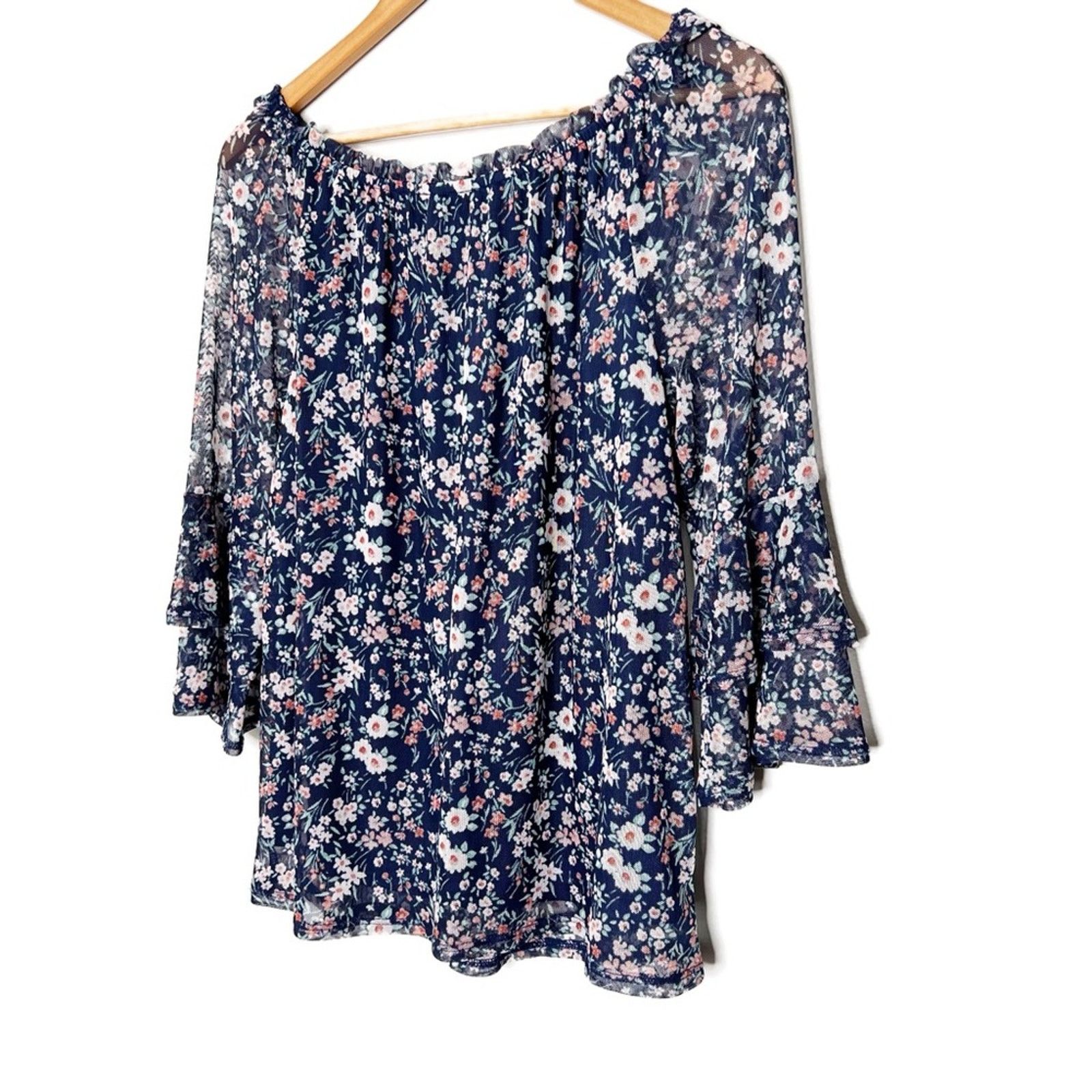 Apt. 9 APT.9 Women’s Floral Mesh Navy Blue Bohemian Blouse Top Size S / US 4 / IT 40 - 8 Thumbnail