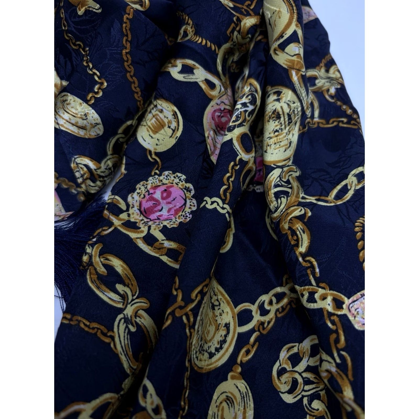 Vintage Vintage Diane Freis Silk Scarf Large Blue Yellow Chain Print Jewelry Motif Shawl Size ONE SIZE - 6 Thumbnail