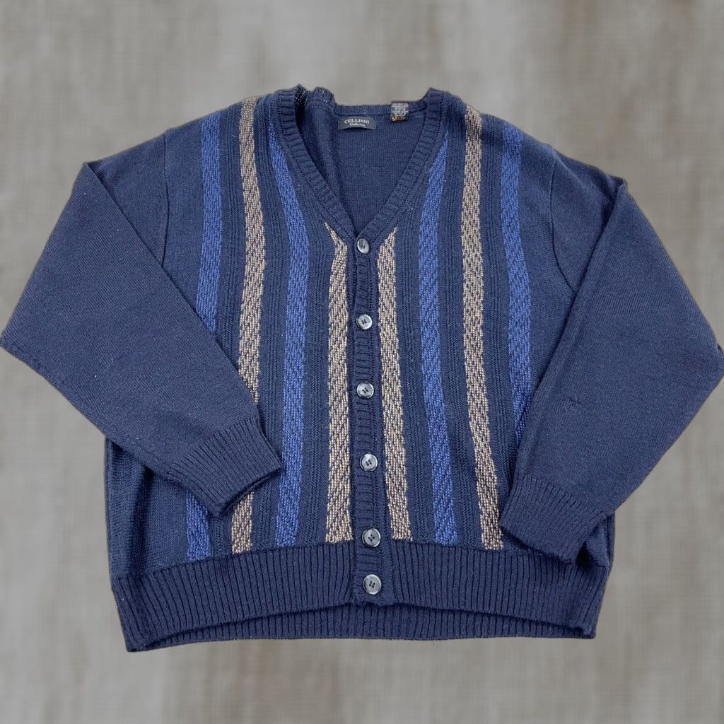 Vintage VINTAGE Cellinni Cardigan Sweater Men XL Blue Wool Knit Striped 90s Classic Cardigan Mens XL Blue Knit-Top Sweater Size US XL / EU 56 / 4 - 1 Thumbnail