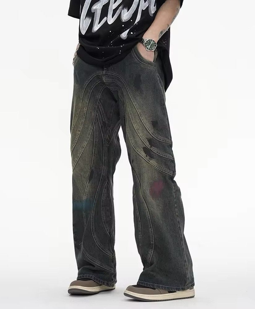 Jean × Vintage Patchwork Design Washed Trendy Graffiti Straight Jeans Size US 34 / EU 50 - 2 Thumbnail