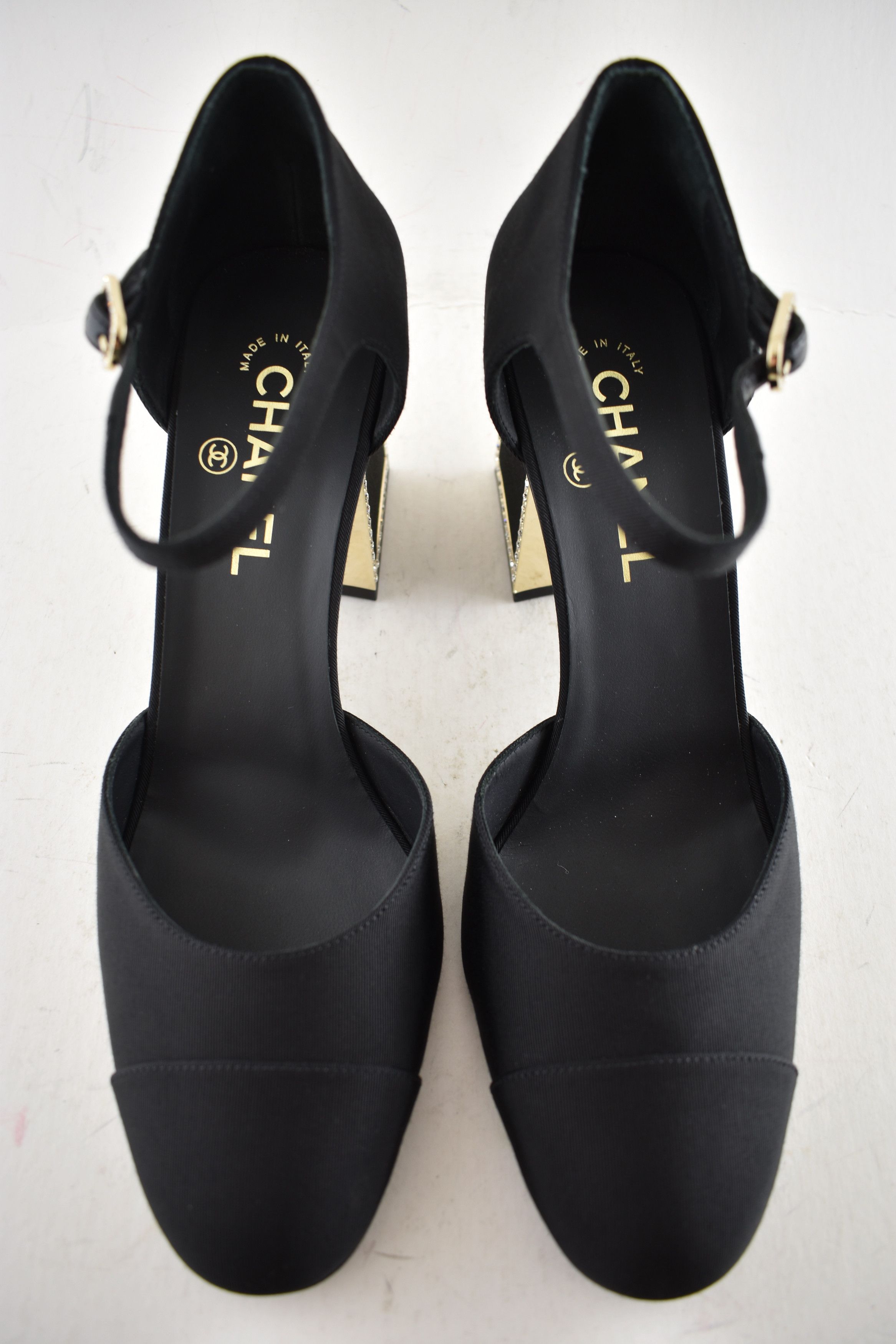 Chanel Chanel 24B Crystal Logo Gold Ankle Strap Block Heel Pump 40 Size US 10 / IT 40 - 12 Thumbnail