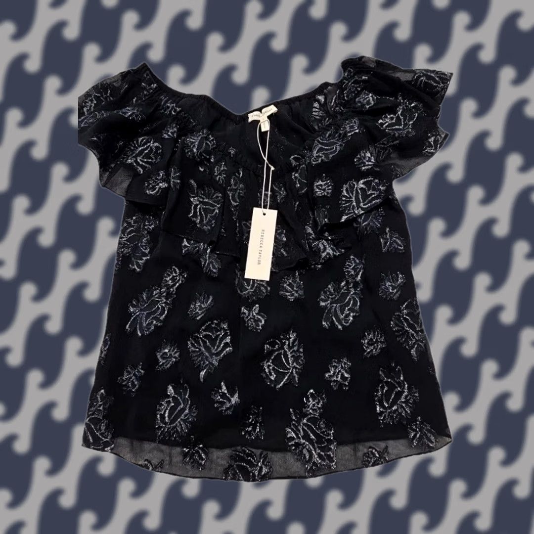 Vintage VINTAGE Rebecca Taylor Blouse Womens 0 Black Off Shoulder Floral Shimmer Silver 90s Size XS / US 0-2 / IT 36-38 - 1 Thumbnail