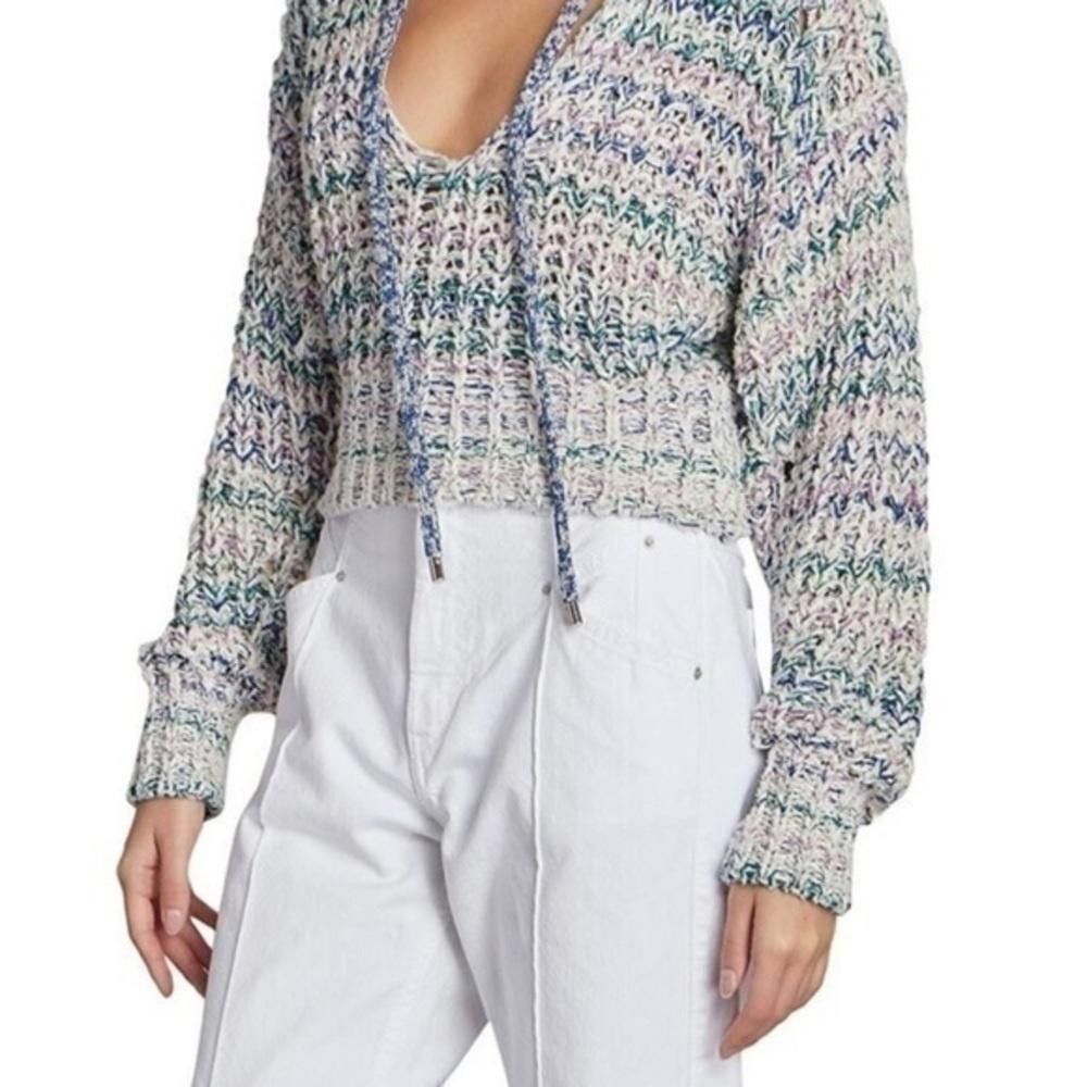 Isabel Marant $935 Isabel Marant Women Blue Metallic Knit Tie-Neck Sweater Size XS / US 0-2 / IT 36-38 - 2 Thumbnail