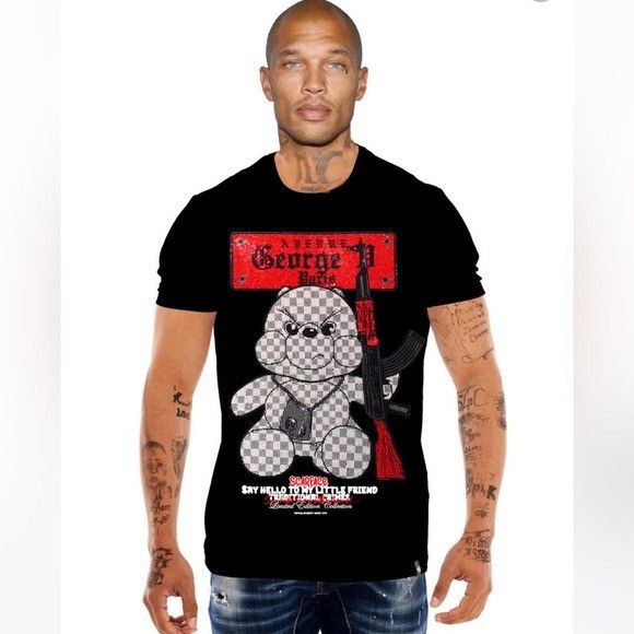 George V Black Red Designer Men’s Rhinestone Tee Shirt