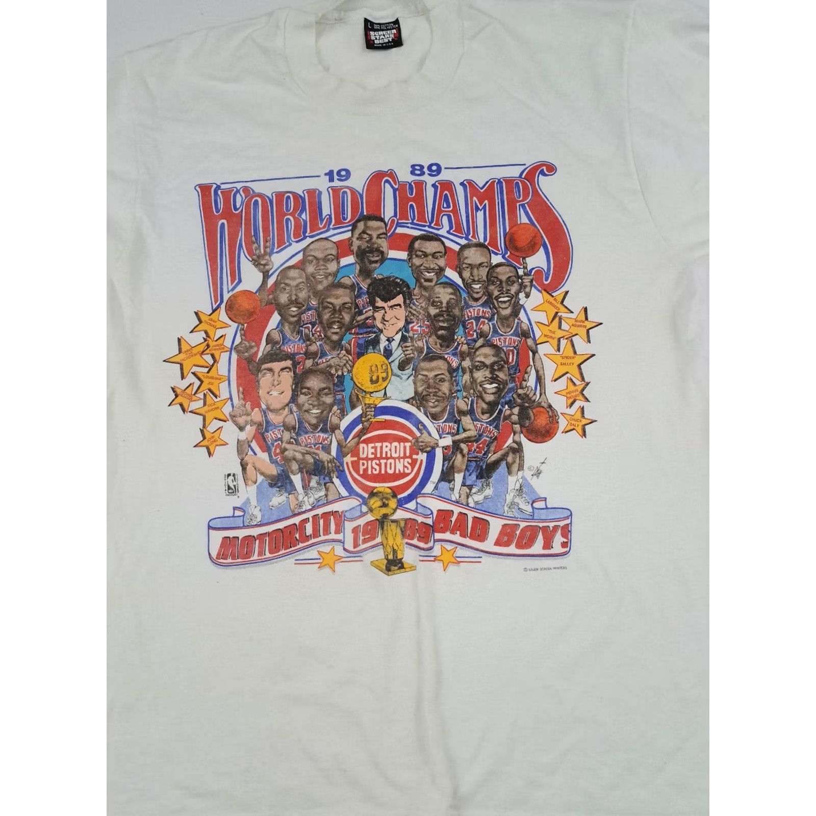 Vintage VINTAGE Detroit Pistons 1989 Champs T-Shirt Cartoon Print USA LG Short Sleeve Mens Regular Cotton White Size US L / EU 52-54 / 3 - 3 Thumbnail