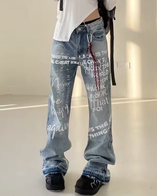 Jean American street washed distressed graffiti letter jeans Size US 29 - 1 Thumbnail