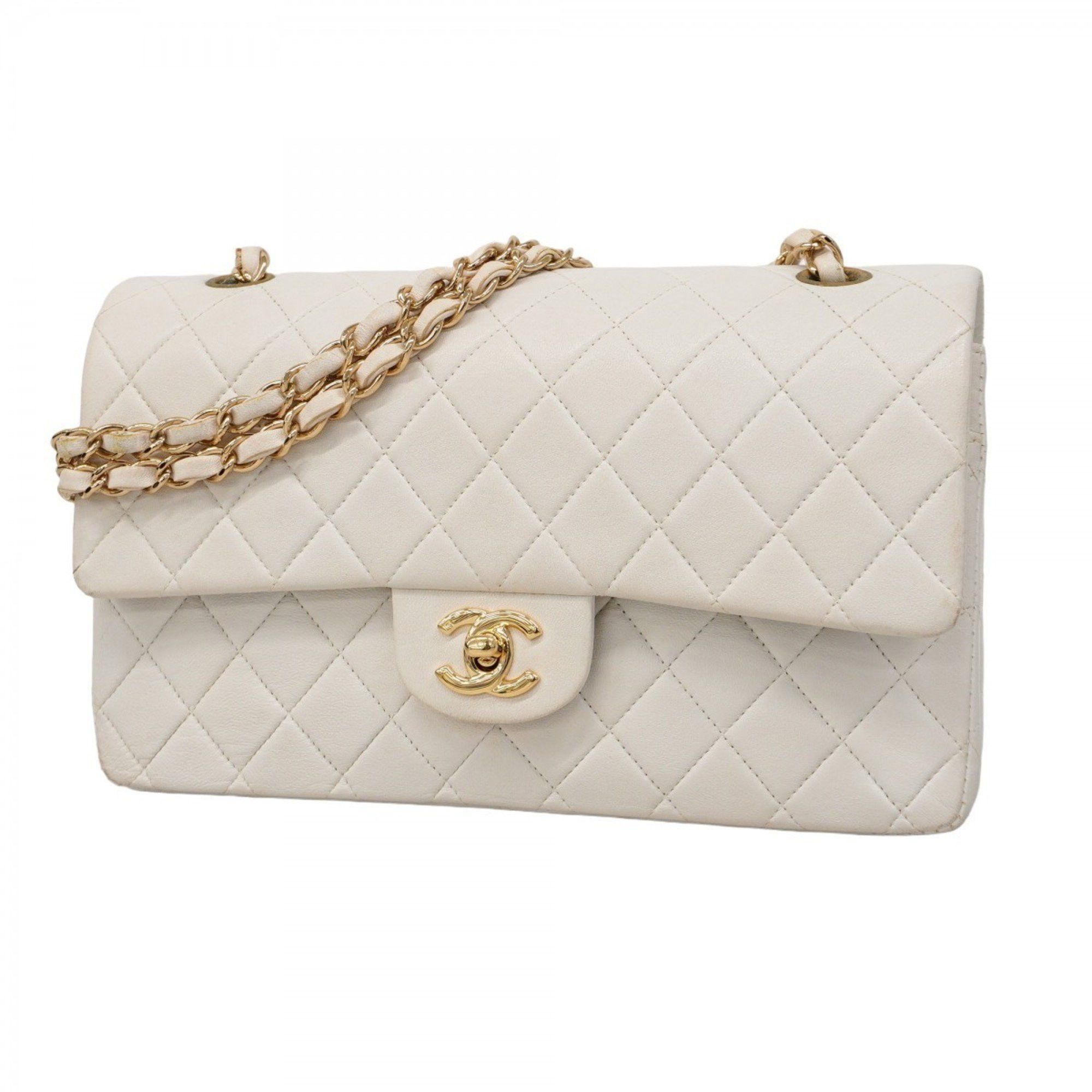 Chanel Shoulder Bag Matelasse W Flap Chain Lambskin White Women's