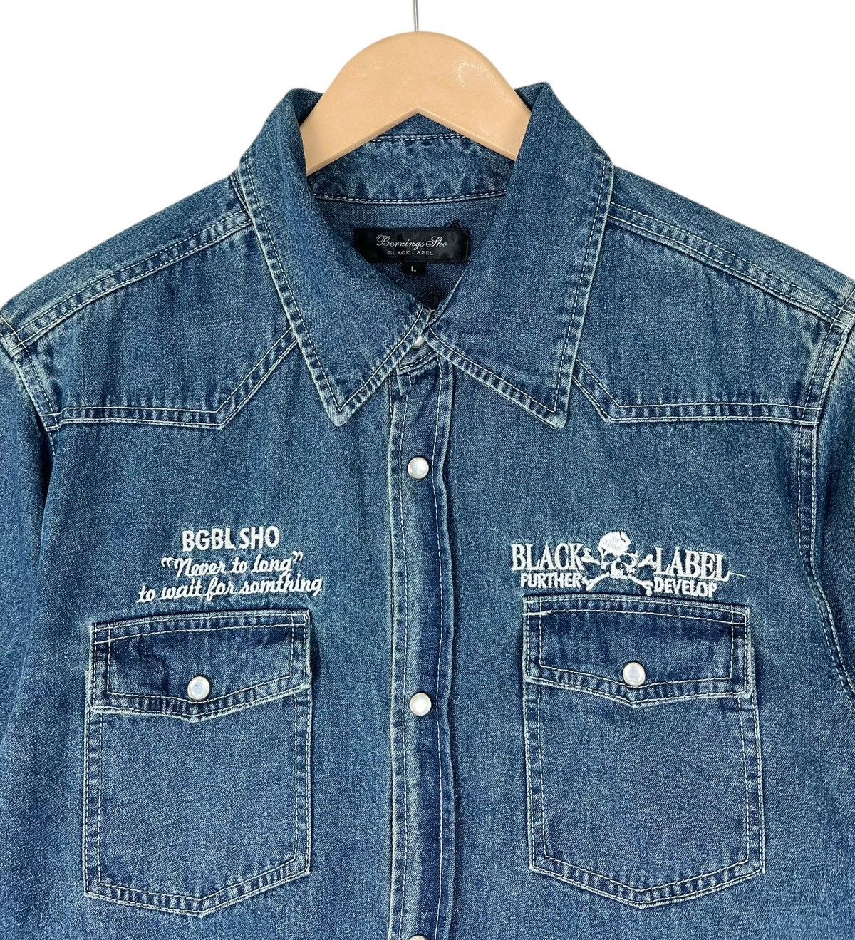 Japanese Brand Bernings Sho Embroidery Logo Snap Button Denim Shirt Size US L / EU 52-54 / 3 - 8 Thumbnail