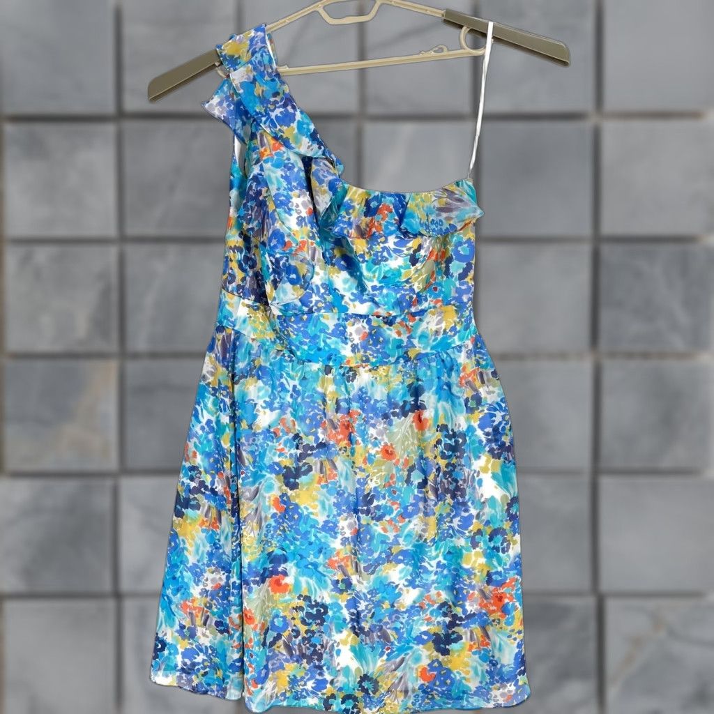 Vintage Tahari Dress One Shoulder Floral Blue 12 Women Knee Length A-Line Sleeveless Party/Cocktail Casual Vintage? (no) Size XL / US 12-14 / IT 48-50 - 1 Thumbnail