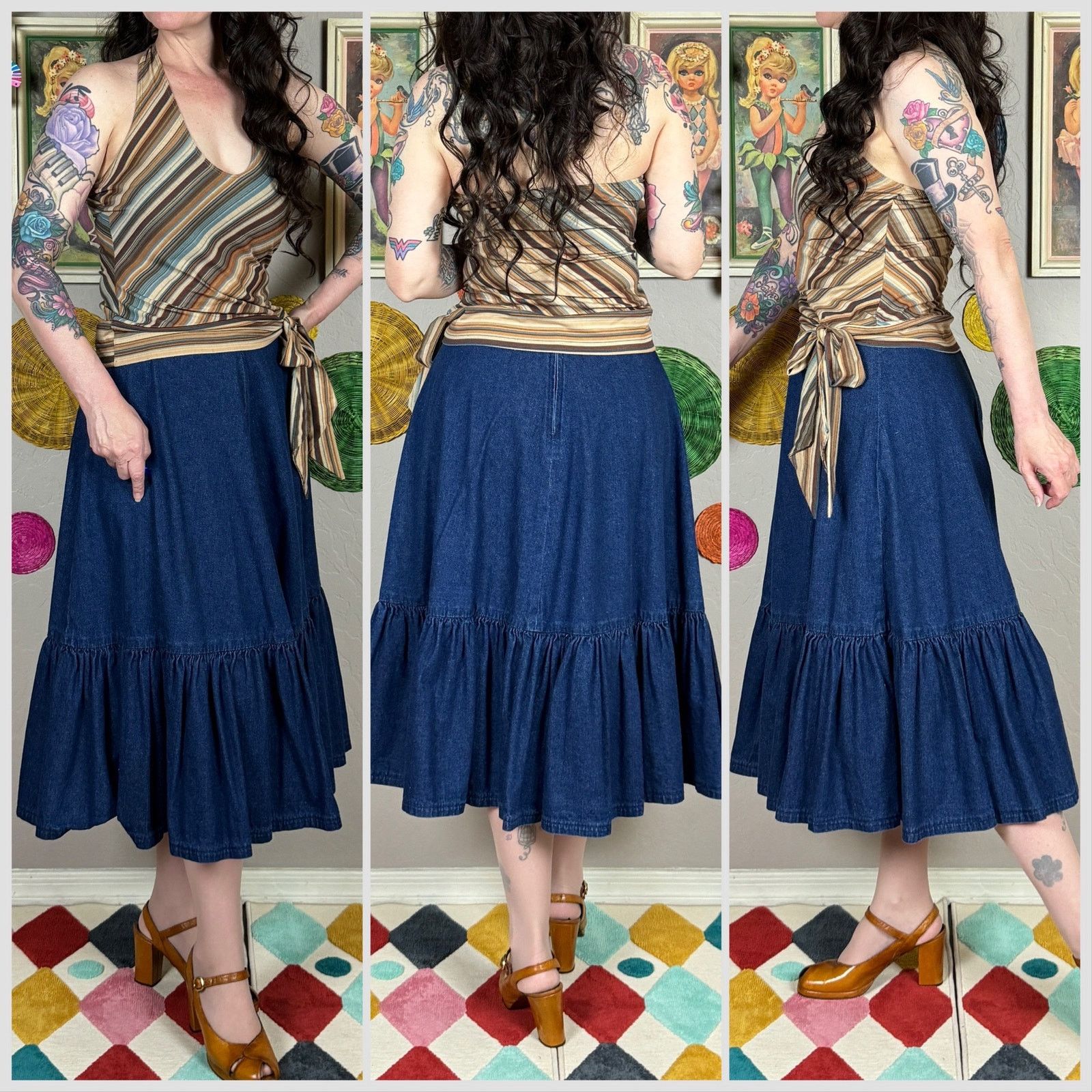 Vintage Vintage 1970s High Waist Dark Wash Ruffle Denim Midi Skirt Size 26" / US 2 / IT 38 - 2 Thumbnail
