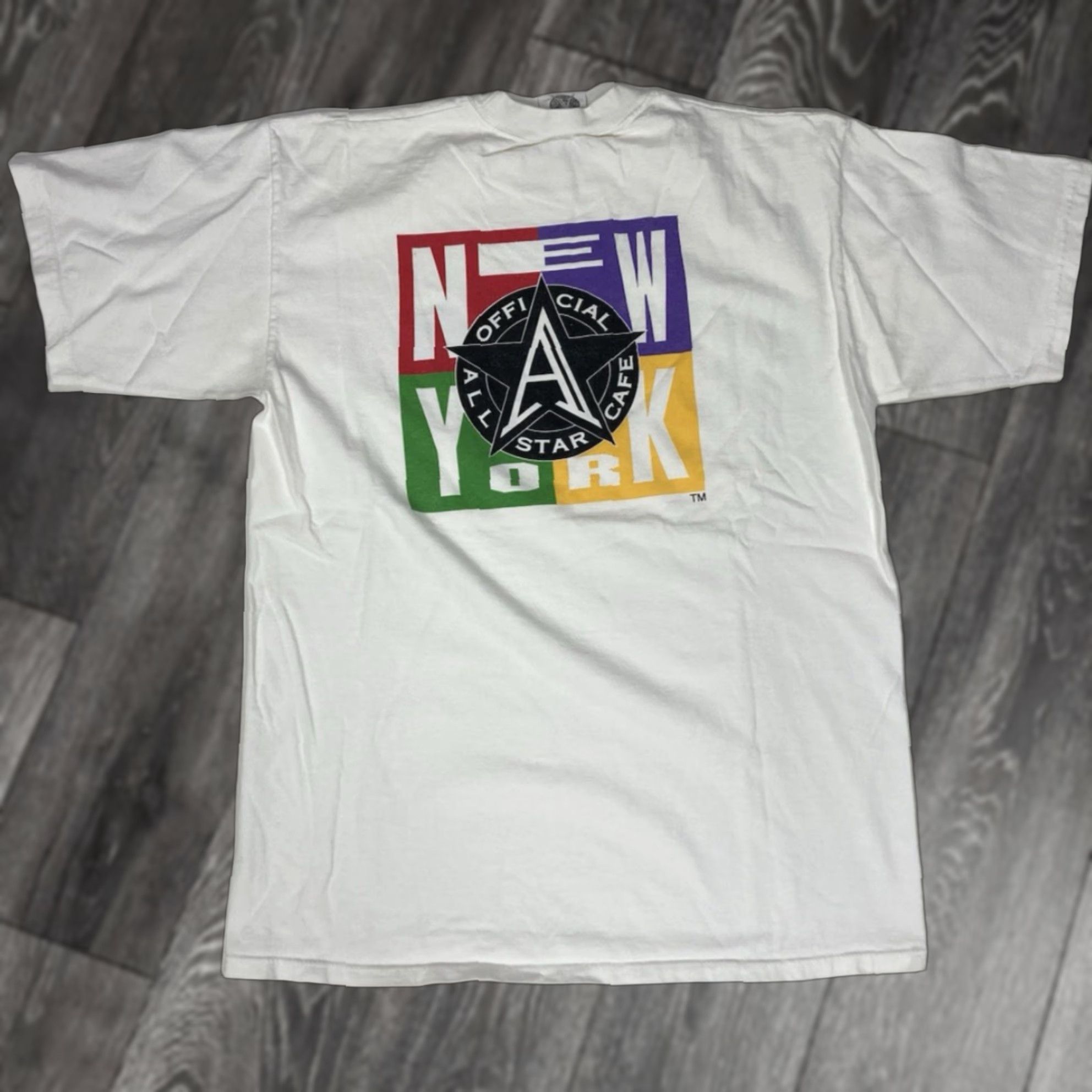 Hanes VINTAGE Hanes All Star Cafe T-Shirt Men Large White 90s Graphic Print Crew Neck Short Sleeve City USA 1990s Mens Size US L / EU 52-54 / 3 - 1 Thumbnail