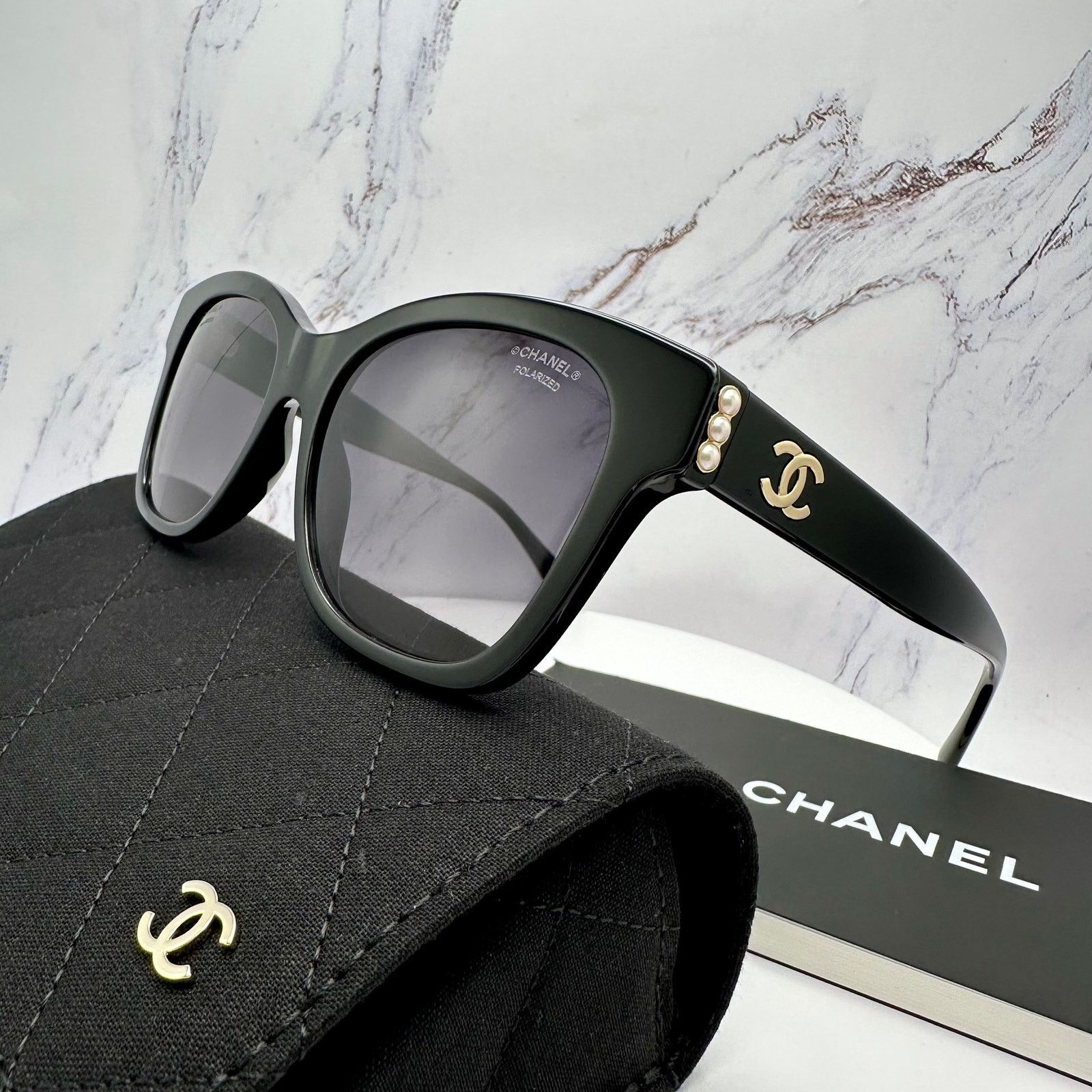 New CHANEL Sunglasses Polarized Black Gold Square CC Pearls