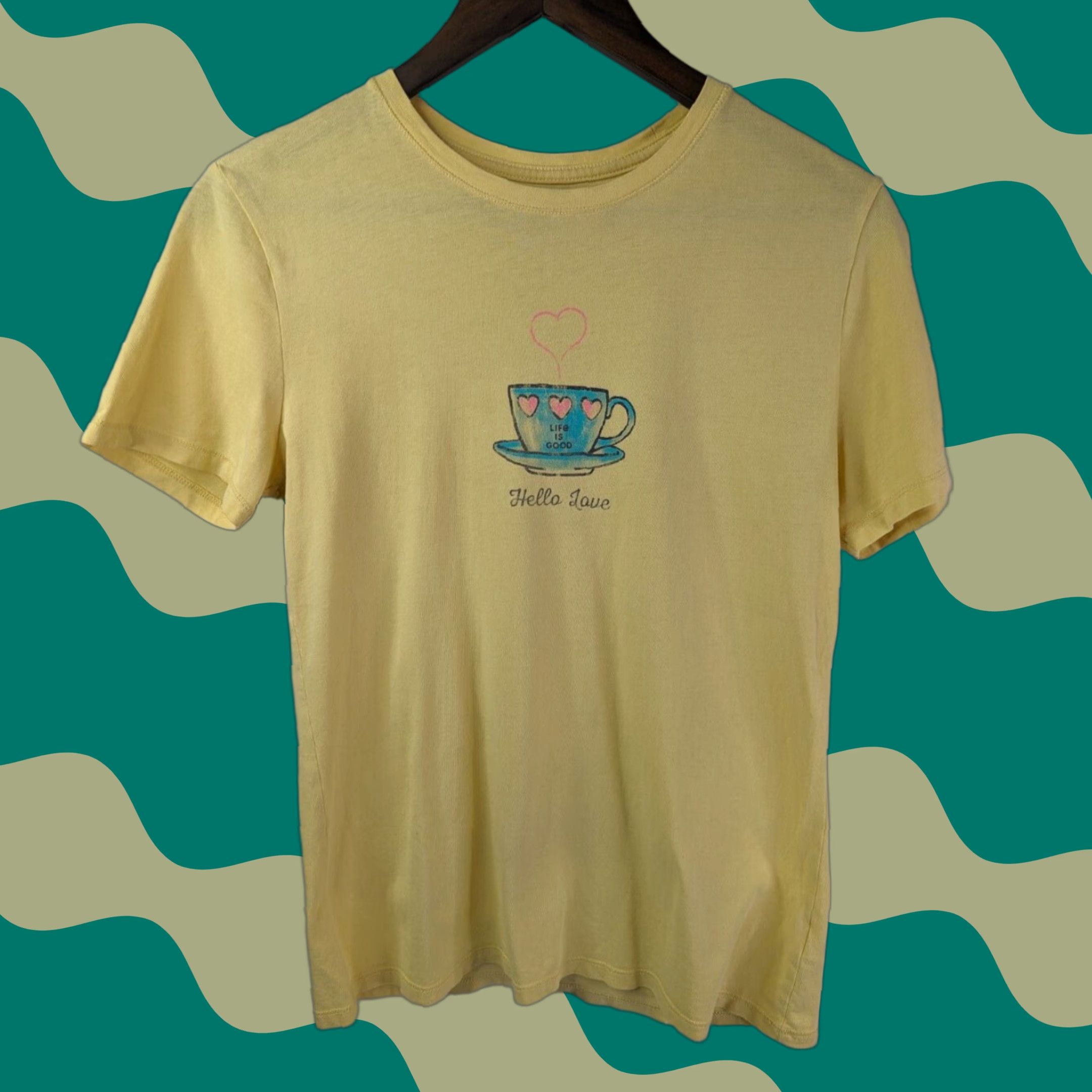 Life is Good Life Is Good Hello Love Coffee Mug Hearts Yellow T Shirt Small Women Size S / US 4 / IT 40 - 1 Thumbnail