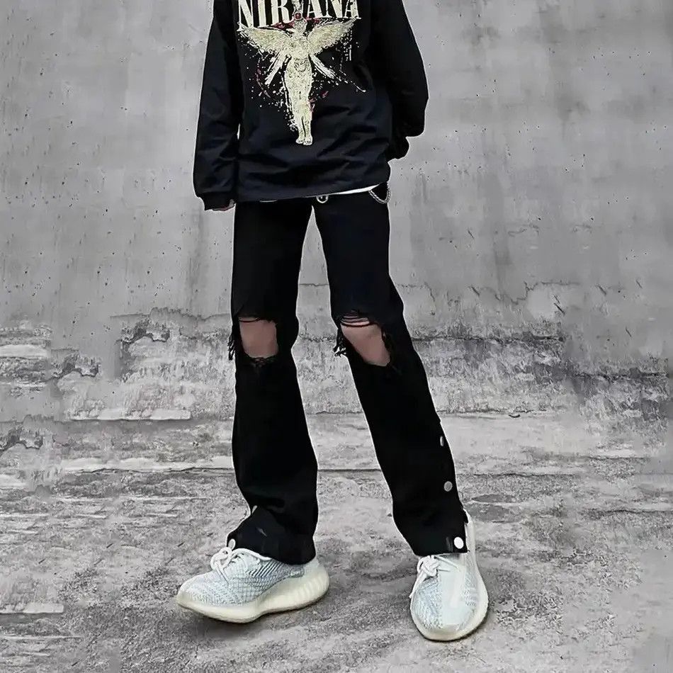 Japanese Brand Ripped Jeans Men Streetwear Black Hole Denim Pants Size US 32 / EU 48 - 4 Thumbnail