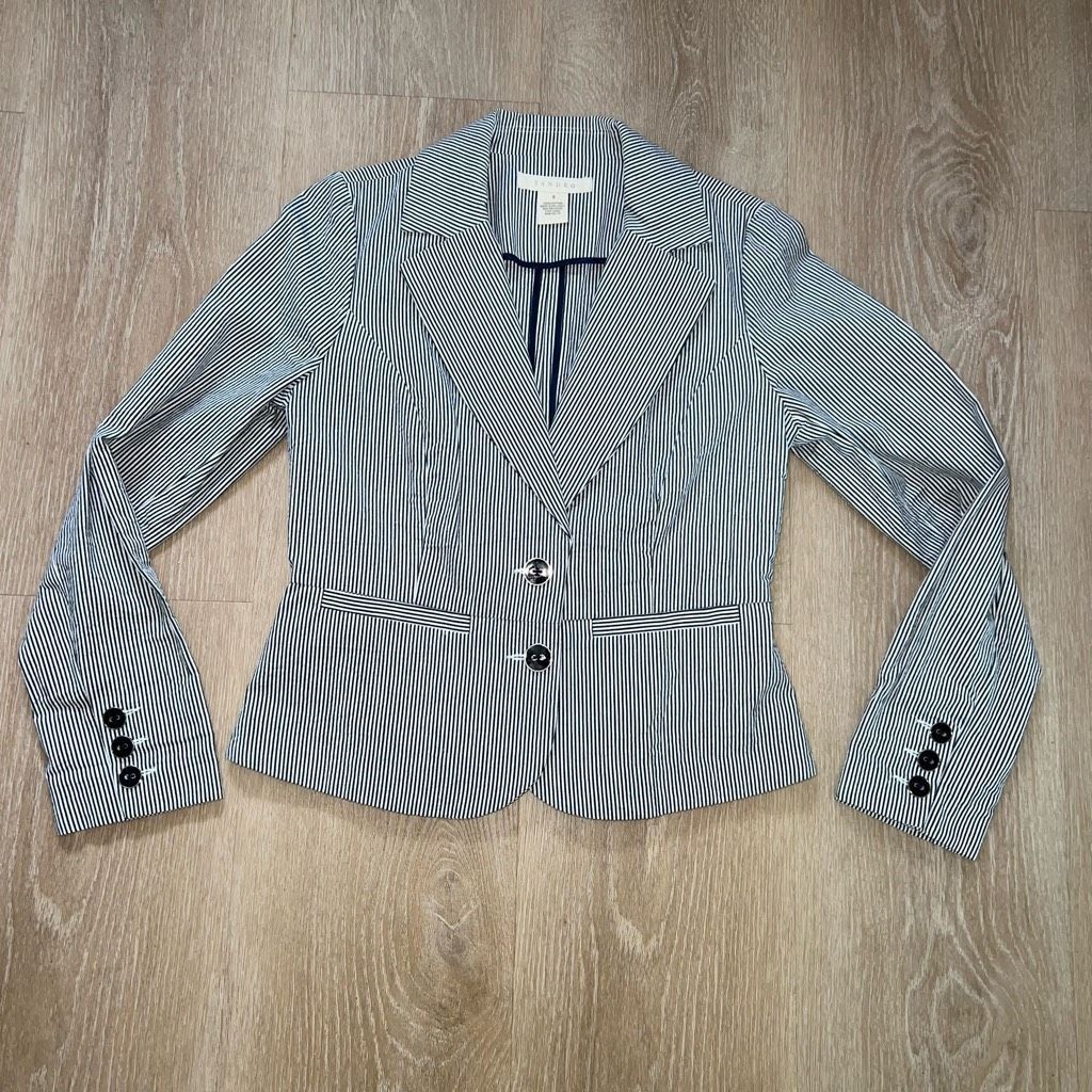 Sandro Sandro Seersucker Navy Blue White Pinstripe Cotton Blazer Ja Size S / US 4 / IT 40 - 6 Thumbnail