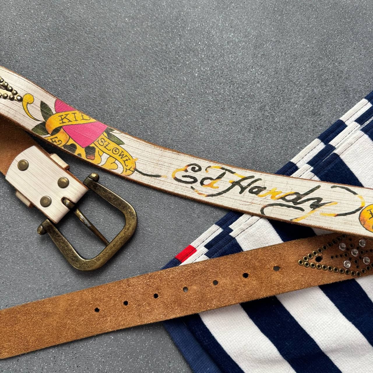 Ed Hardy × Vintage Ed Hardy X Christian Audigier Vintage Unisex Leather Belt Size ONE SIZE - 4 Thumbnail