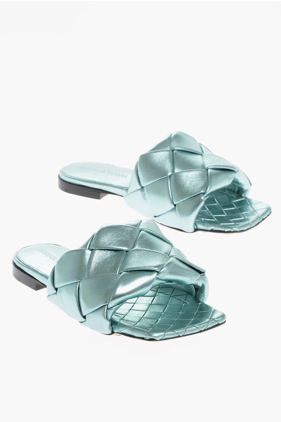 image of Bottega Veneta Metallized Leather Lido Slides in Light Blue, Women's (Size 6)