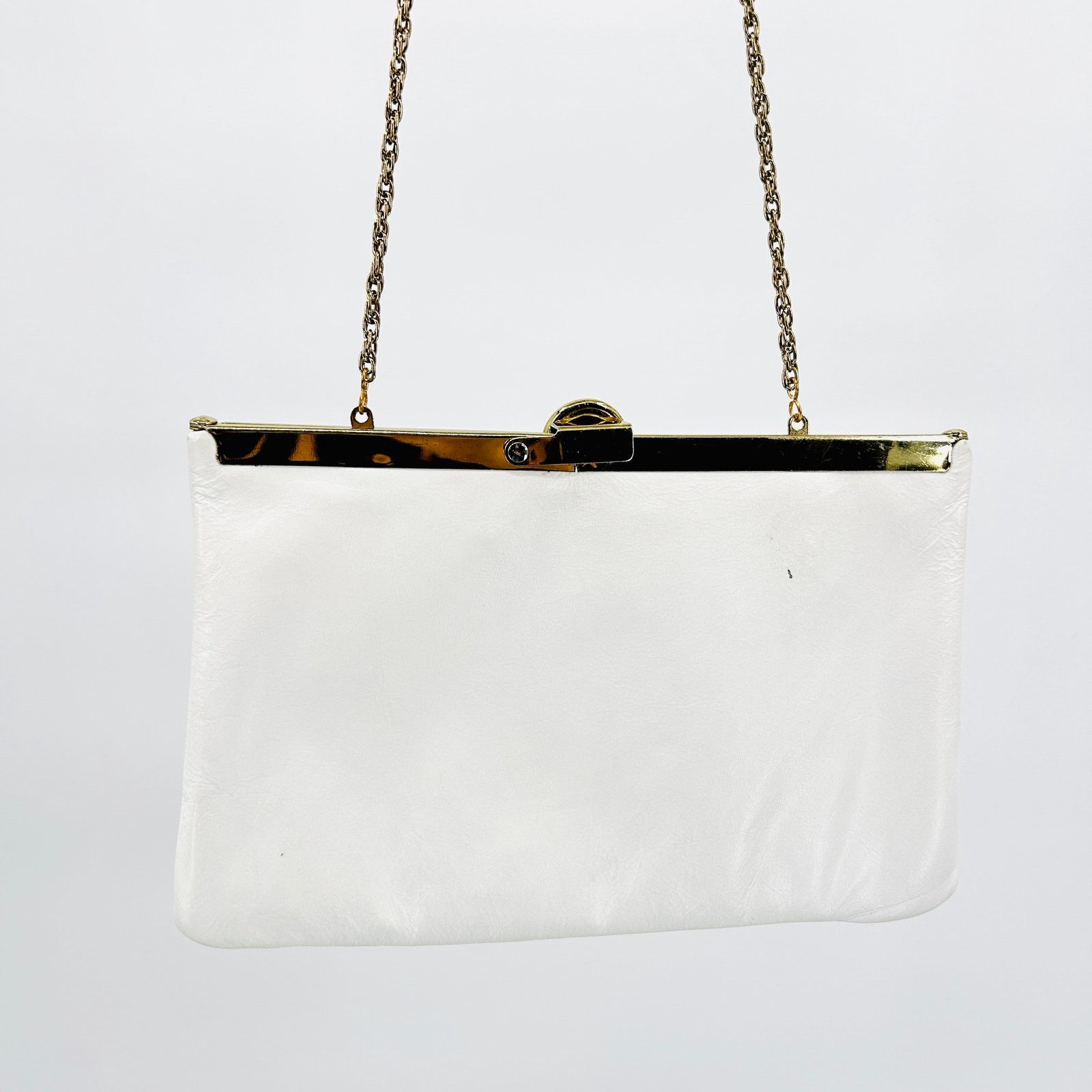 Vintage 80s White Leather Gold Frame Clutch Shoulder Bag Chain Strap Size ONE SIZE - 4 Thumbnail