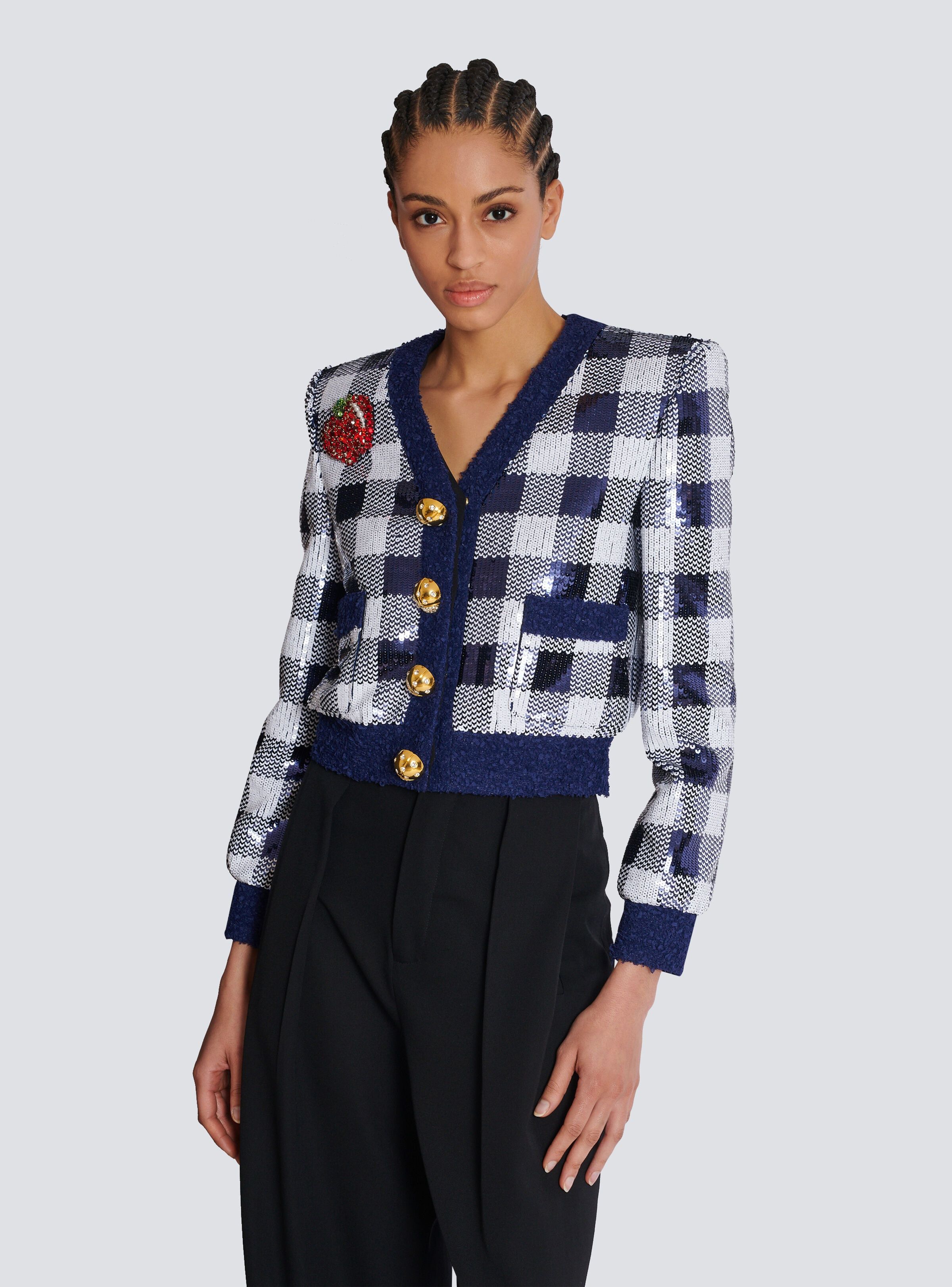 Balmain o1s1wg110825 Sequin Embellished Gingham Jacket in Blue Size XL / US 12-14 / IT 48-50 - 6 Thumbnail