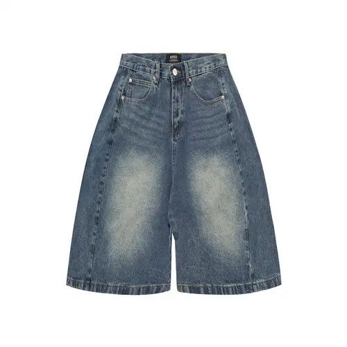 Punk washed distressed men's loose wide-leg denim shorts