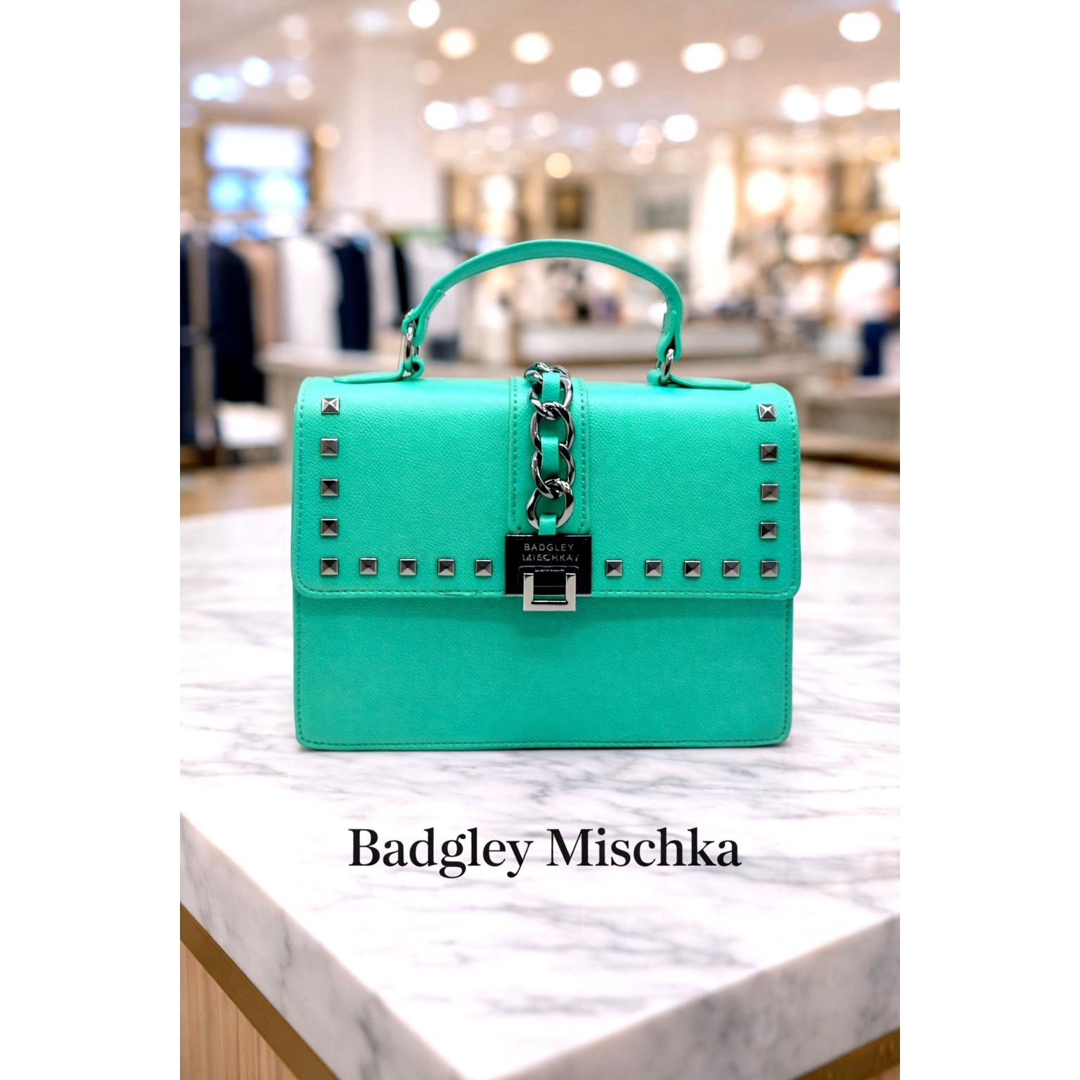 Badgley Mischka Badgley Mischka Satchel Top Handle Studded Bag Chain Teal Size ONE SIZE - 1 Thumbnail