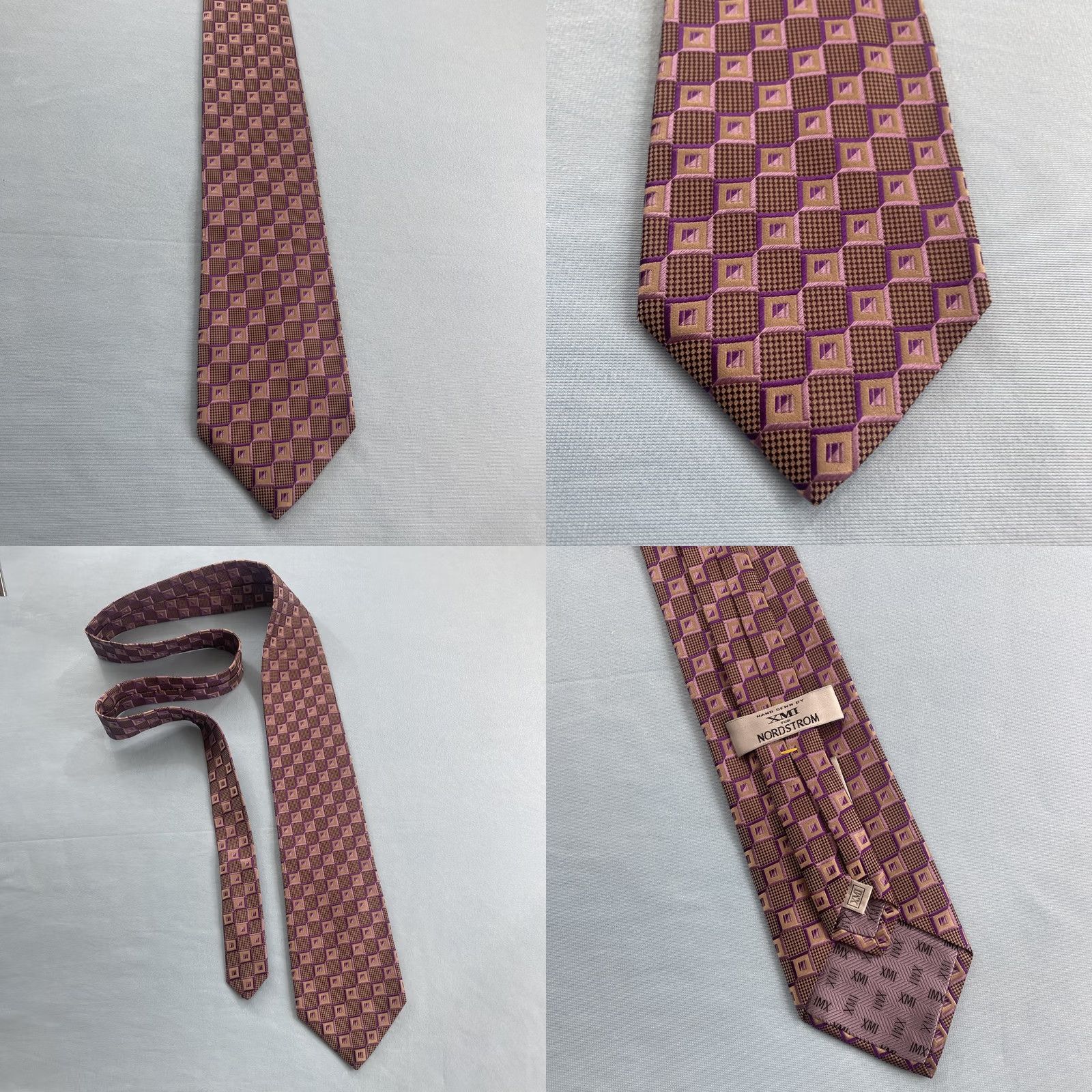 Vintage VINTAGE XMI Tie Geometric Designer Silk 100% Silk Purple Pink Gold Men Classic 57"-60" EUC Size ONE SIZE - 9 Thumbnail