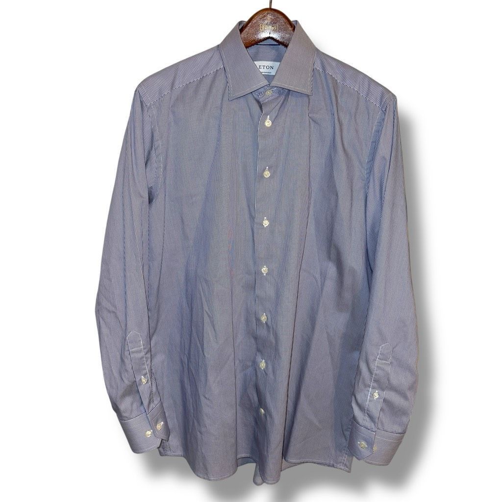 Eton Contemporary Blue Bengal Striped Twill Semi Spread Dres