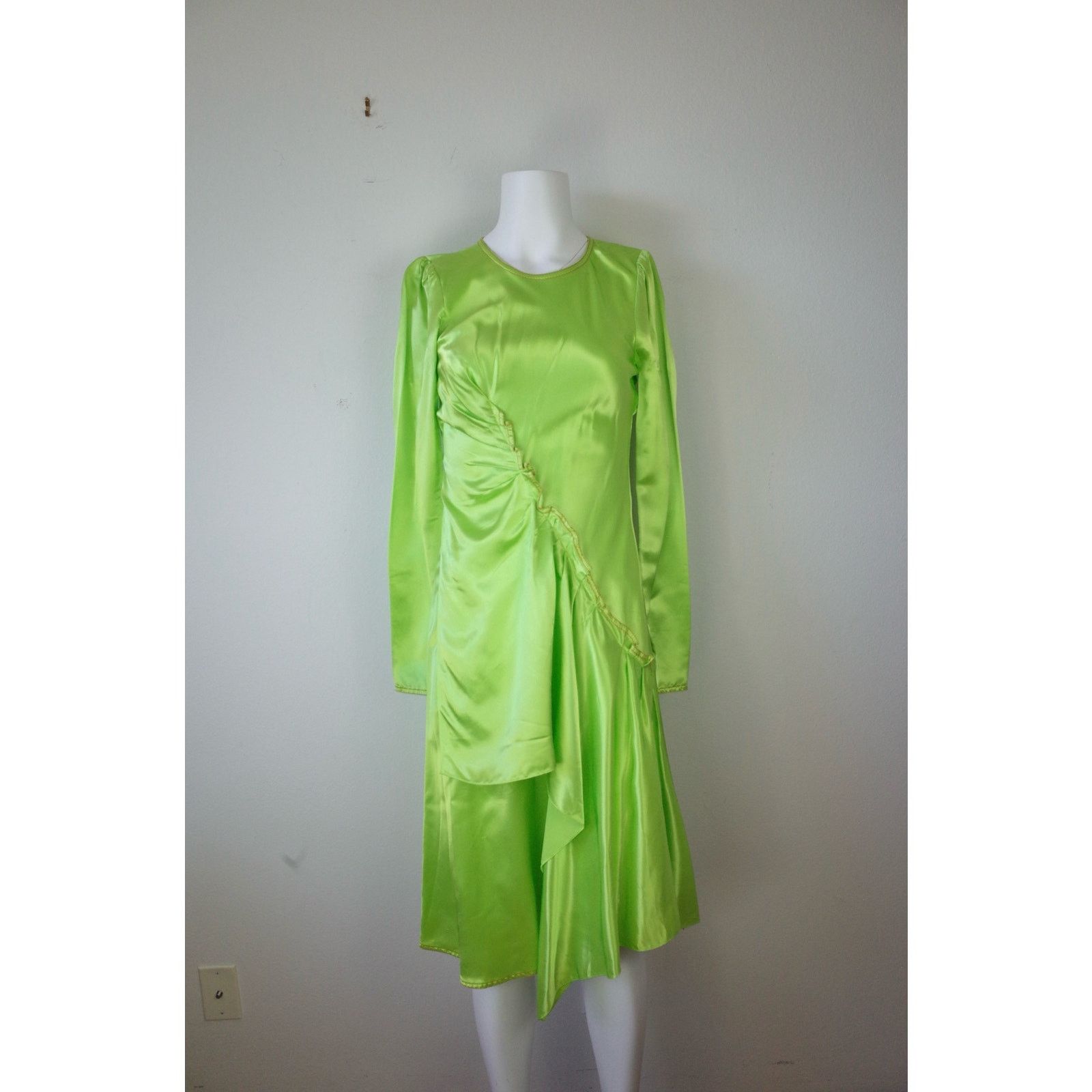 image of Sies Marjan Lime Green Satin Ruched Party Cocktail Dress, Women's (Size XS)