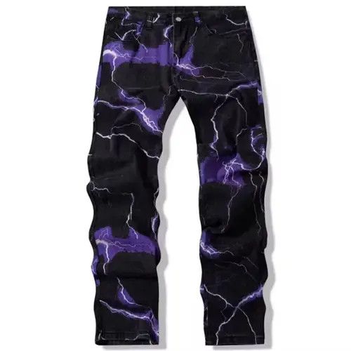 Lightning Print Tie Dye Men Straight Jeans Trousers