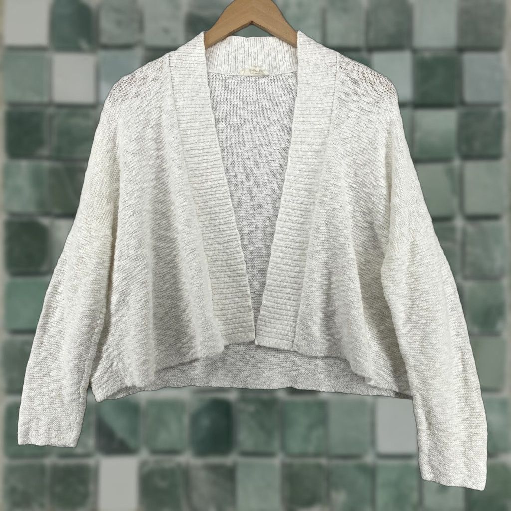 EILEEN FISHER Sweater Cardigan S White Open Front Slub Boxy Organic Cotton Knit Relaxed