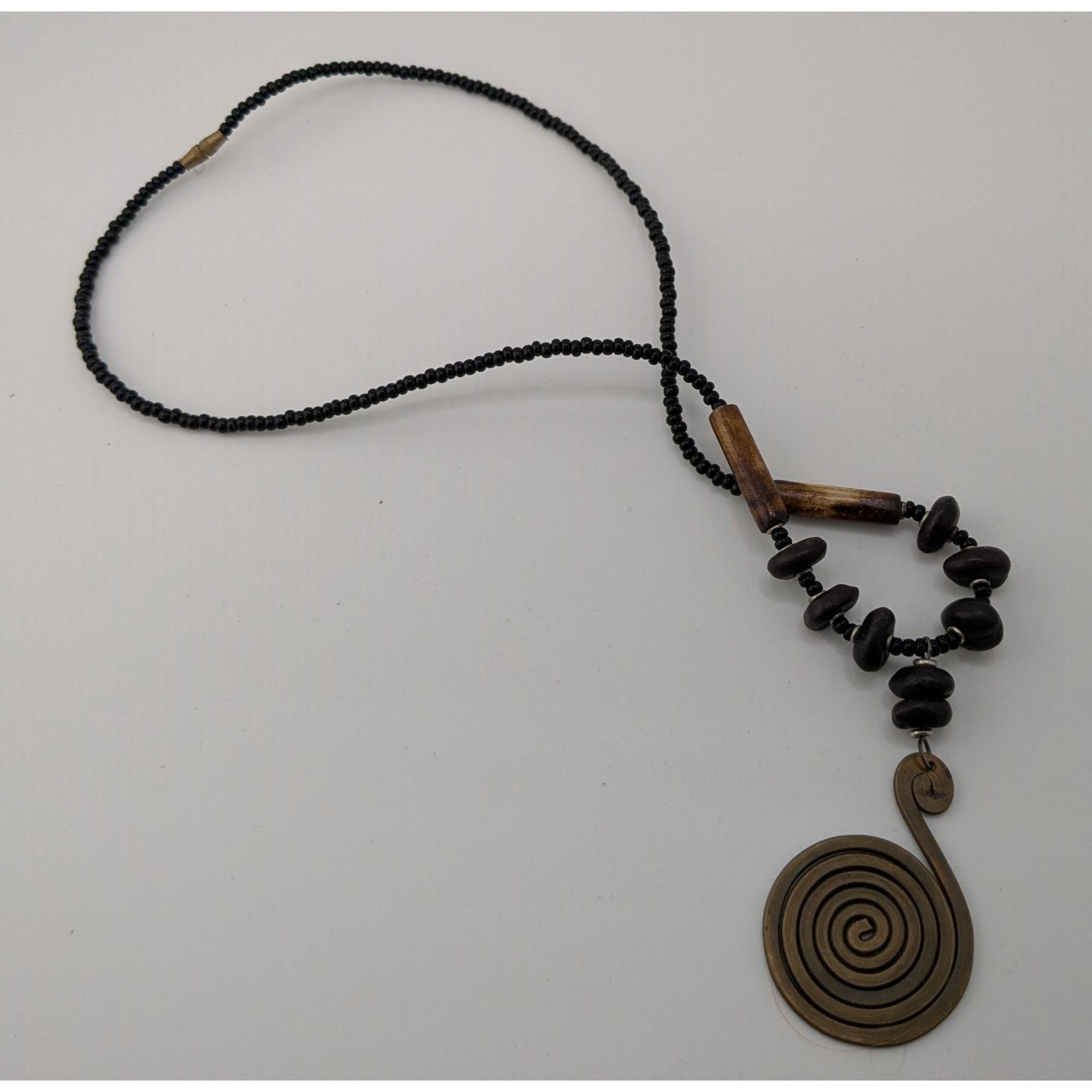 Handmade Vintage Tribal Spiral Pendant Necklace With Black Beads Wood Size ONE SIZE - 5 Thumbnail
