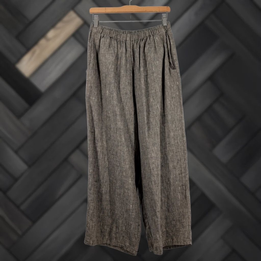 FLAX VINTAGE FLAX Pants Women Boho Linen Wide-Leg Elastic Waist 27" M Brown 90s Festival Hipster Beach Travel Workwear Comb Through 24" Inseam Size 27" / US 4 / IT 40 - 1 Thumbnail