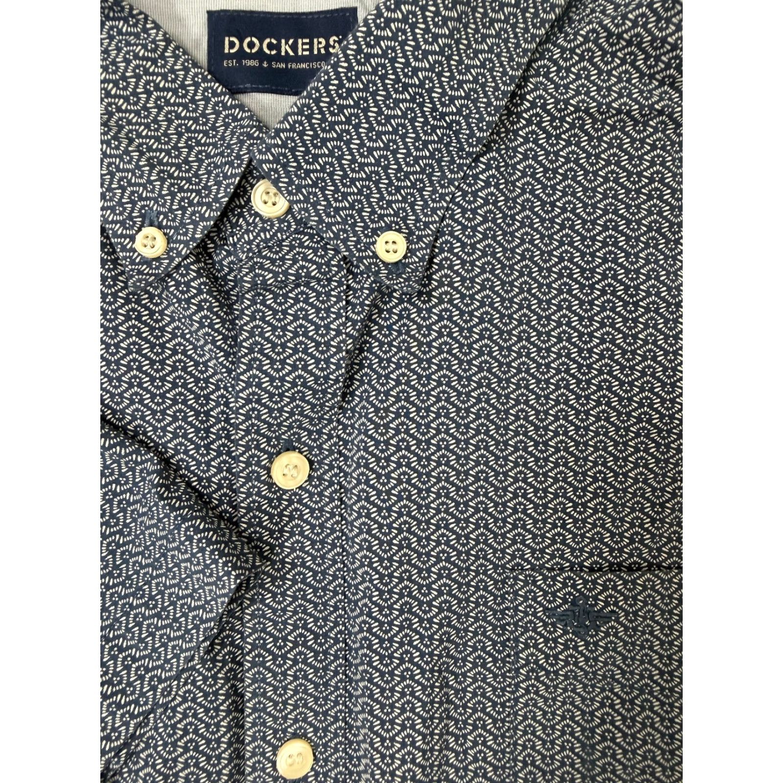Dockers VINTAGE Dockers Shirt Men XXL Geometric Button-Up Navy Blue Cotton Polyester Elastane Stretch Pockets Travel Casual 90s 2XL Mens Size US XXL / EU 58 / 5 - 2 Thumbnail