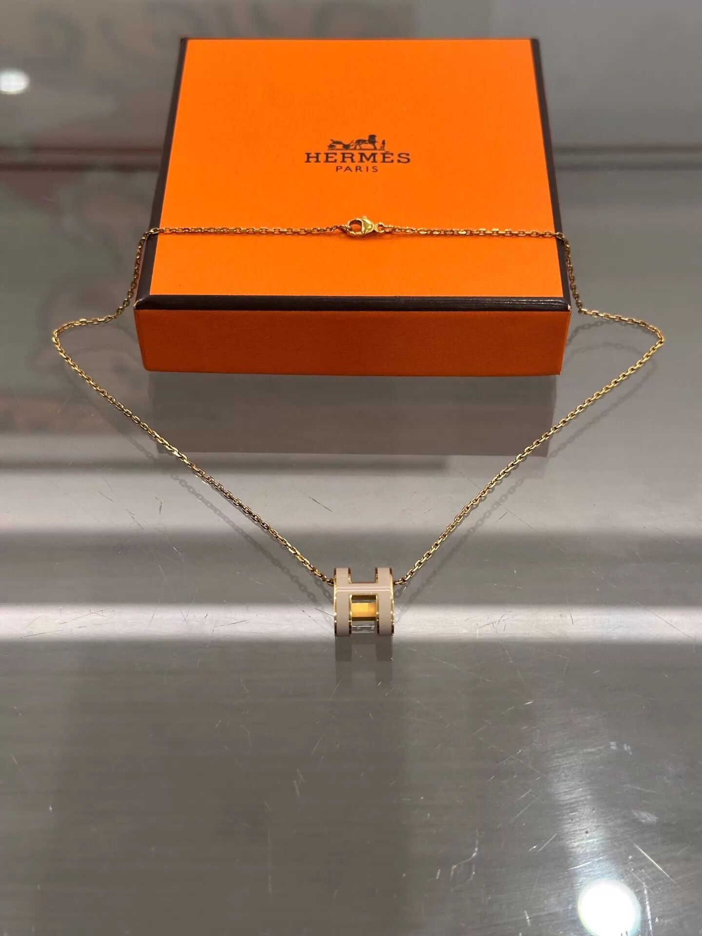 Hermes Hermès Pop H Taupe Enamel LH Rose Gold Necklace Size ONE SIZE - 1 Thumbnail
