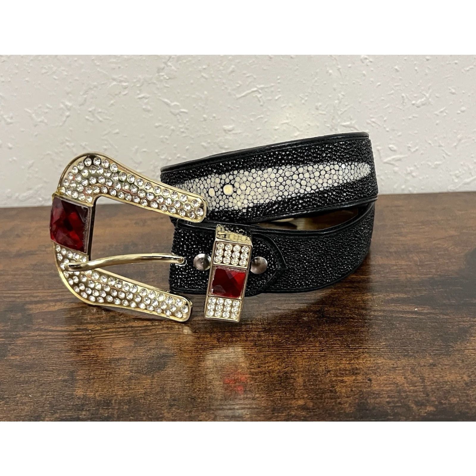 Vintage VINTAGE Los Altos Boots Belt Western Cowboy Stingray Buckle Rhinestone 36 Black Mens Buckle Bling 90s Size 36 - 2 Thumbnail