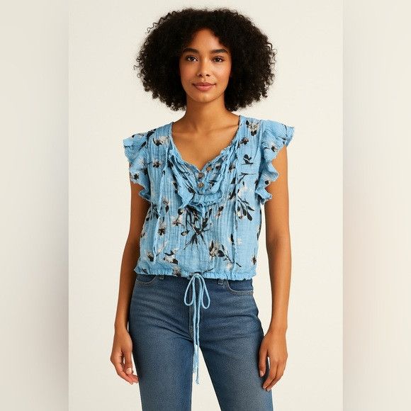 Free People Free People FP One Ruffle Sleeve Floral Blouse Blue Size S Size S / US 4 / IT 40 - 1 Thumbnail