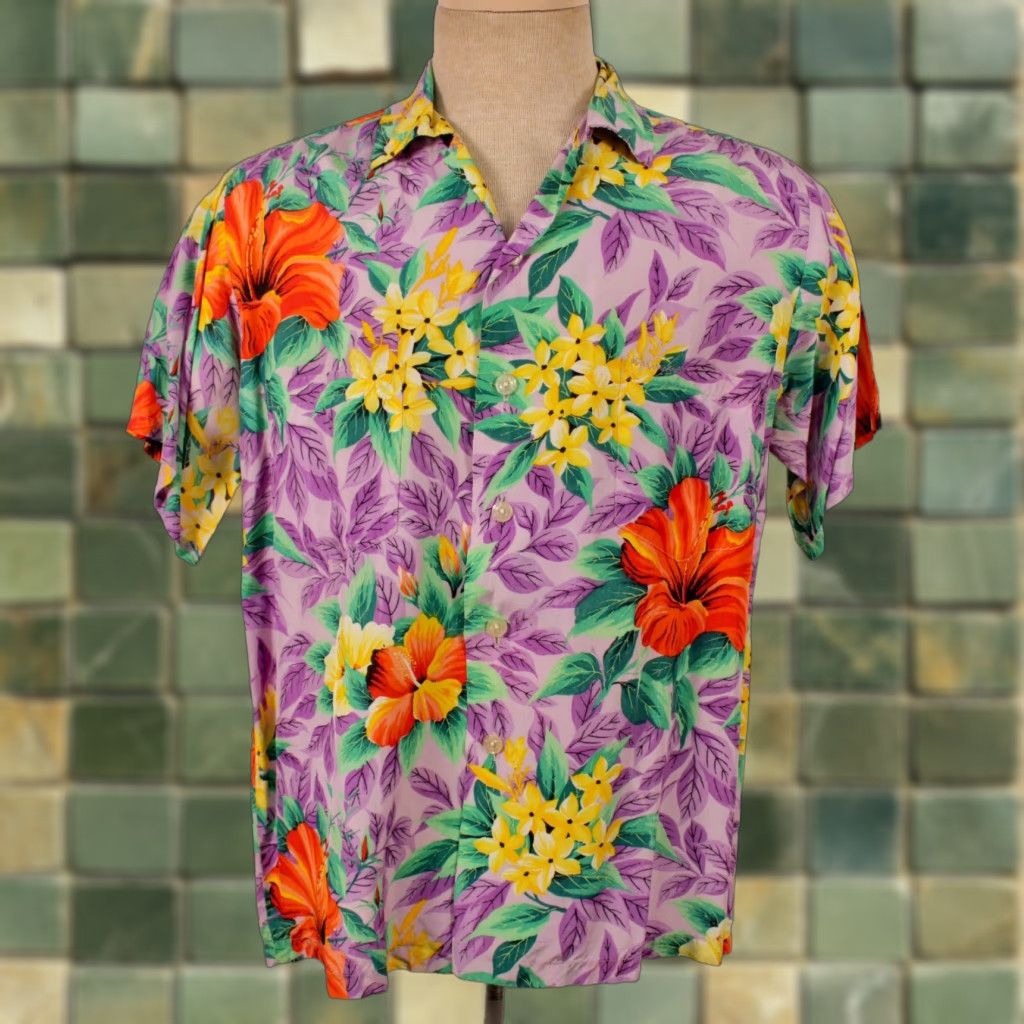 Vintage VINTAGE Men's Pali Hawaiian Shirt 50s Purple & Yellow Floral Rayon Sz M 1950s Japan Mens Size US M / EU 48-50 / 2 - 1 Thumbnail