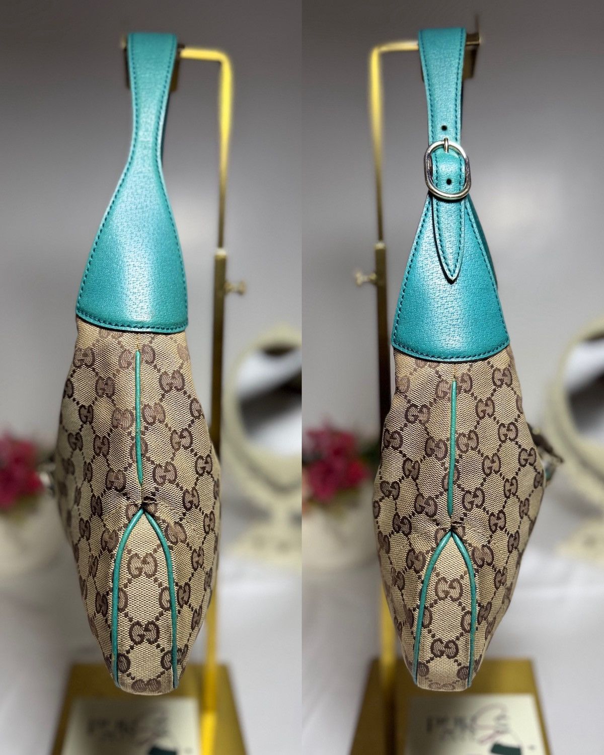 Gucci Authentic GUCCI Jackie 1961 Beige Canvas x Teal Hobo Bag Size ONE SIZE - 18 Thumbnail