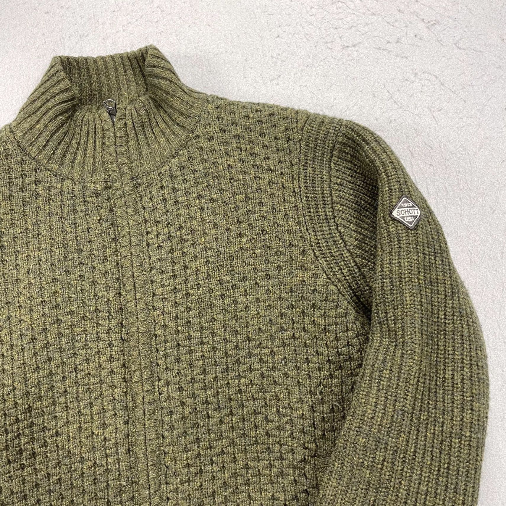 Schott Schott NYC Sweater Mens Medium Green Wool Lined Zip Full Zip Outdoor Waffle-Knit Winter Fall Knitted Wool Size US M / EU 48-50 / 2 - 3 Thumbnail