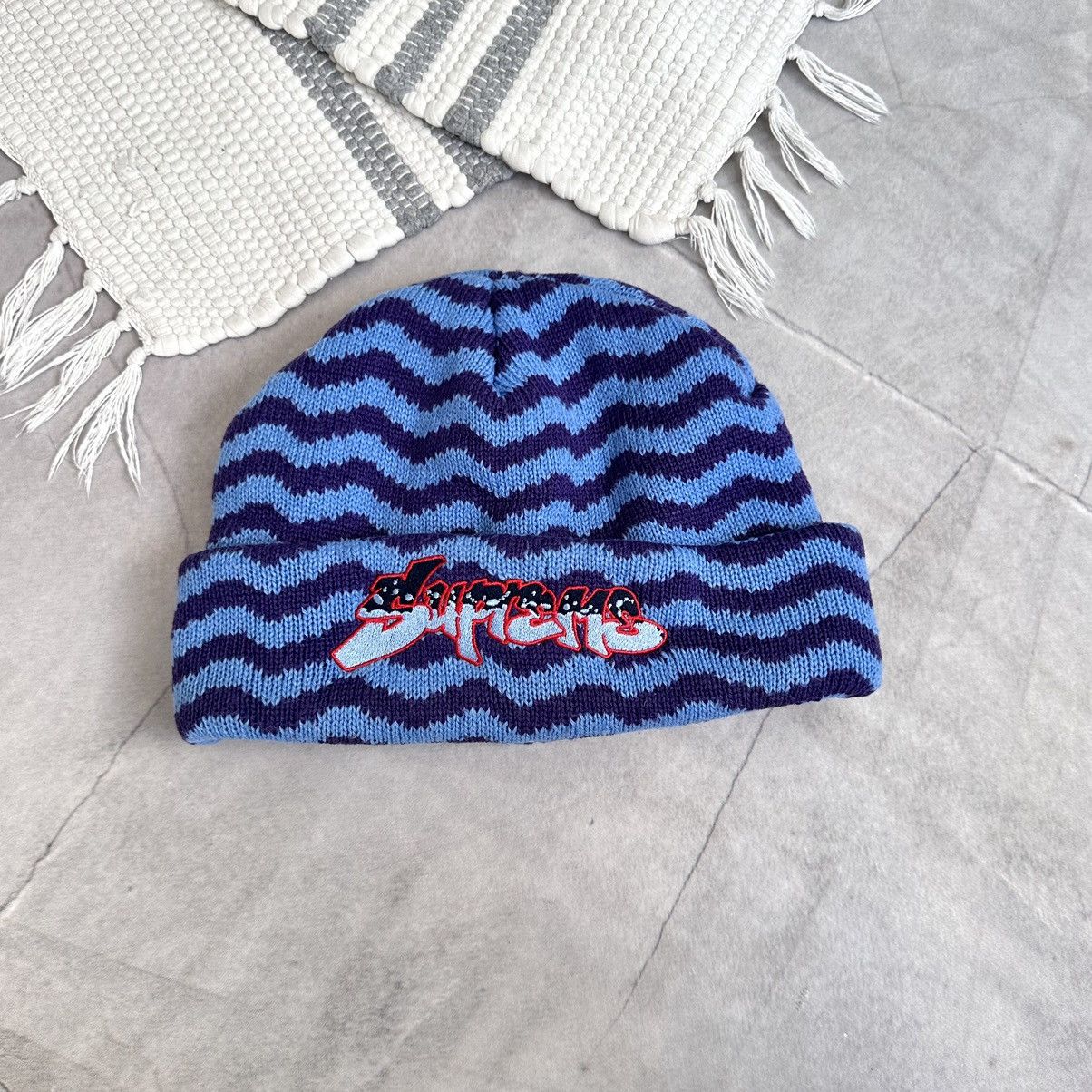 Supreme FW17 Supreme Zig Zag Stripe Beanie Hat Purple Blue Size ONE SIZE - 3 Thumbnail