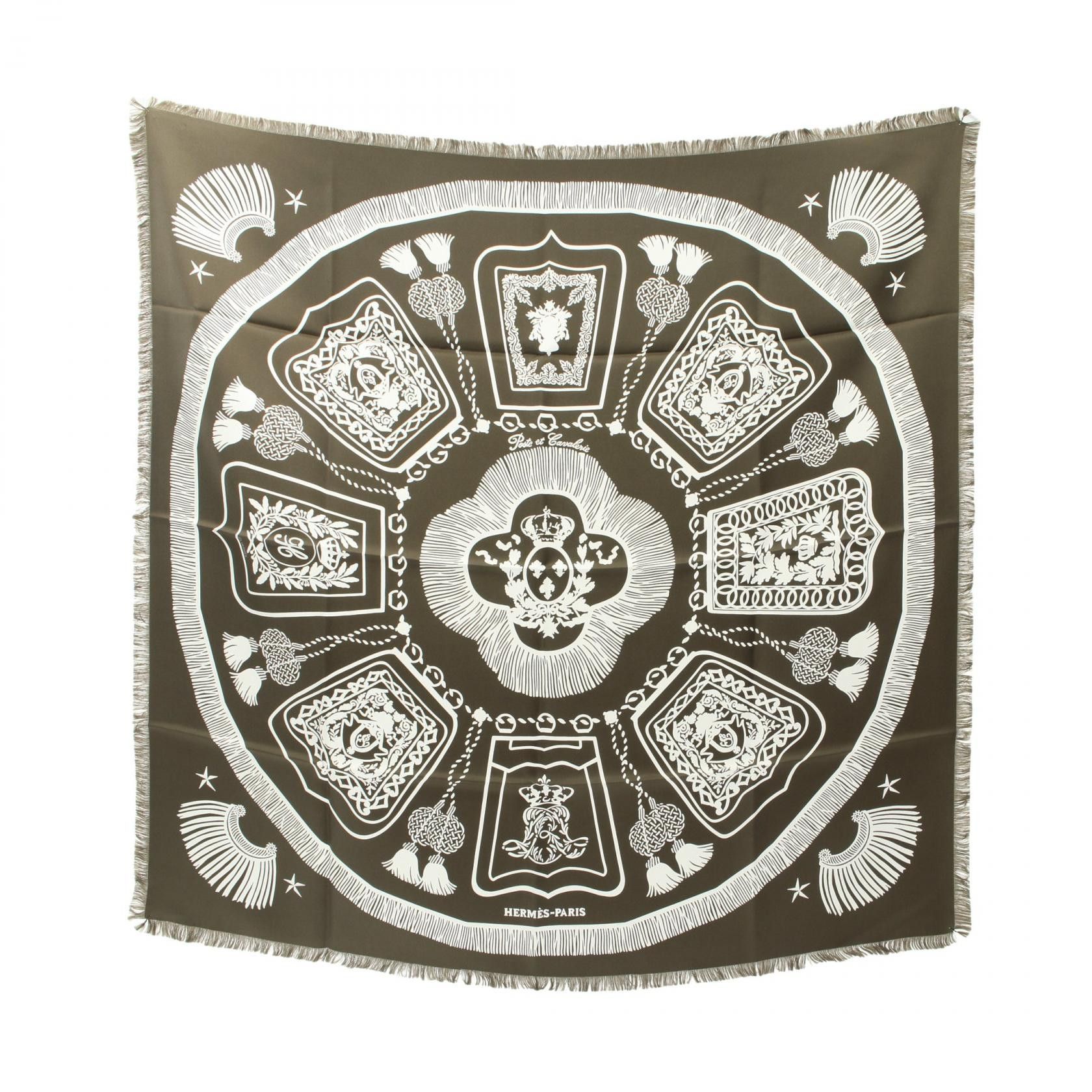 Hermes Hermes Carres H80 Sabre Ornament Bag Fringe Scarf Silk Gray Green White Size ONE SIZE - 1 Thumbnail